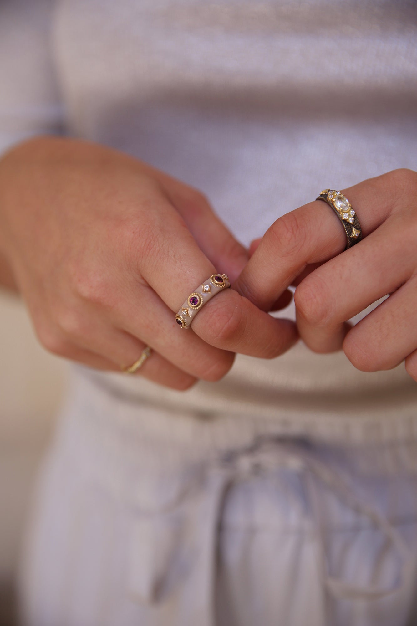 14K Rose Gold & Grey Sterling Silver Stack Enamel Ring