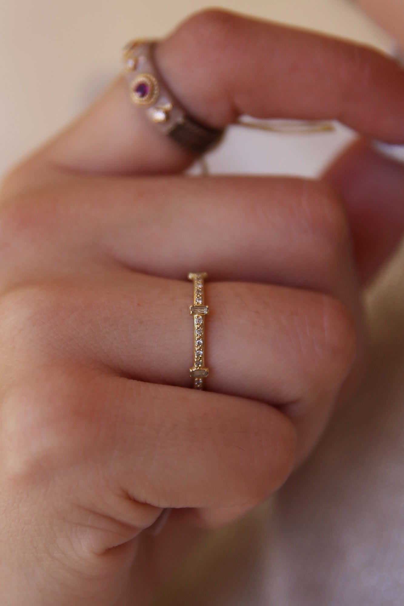 18k YG White Diamonds + Sapphire Baguettes Ring