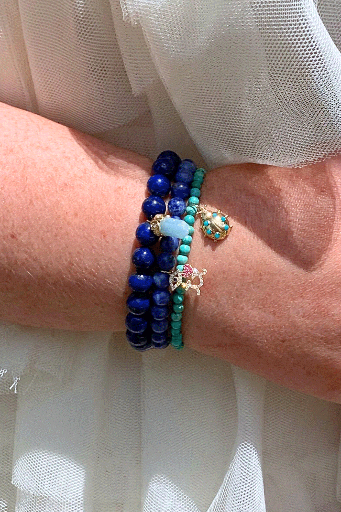 Carved Stone Lapis Beaded Bracelet