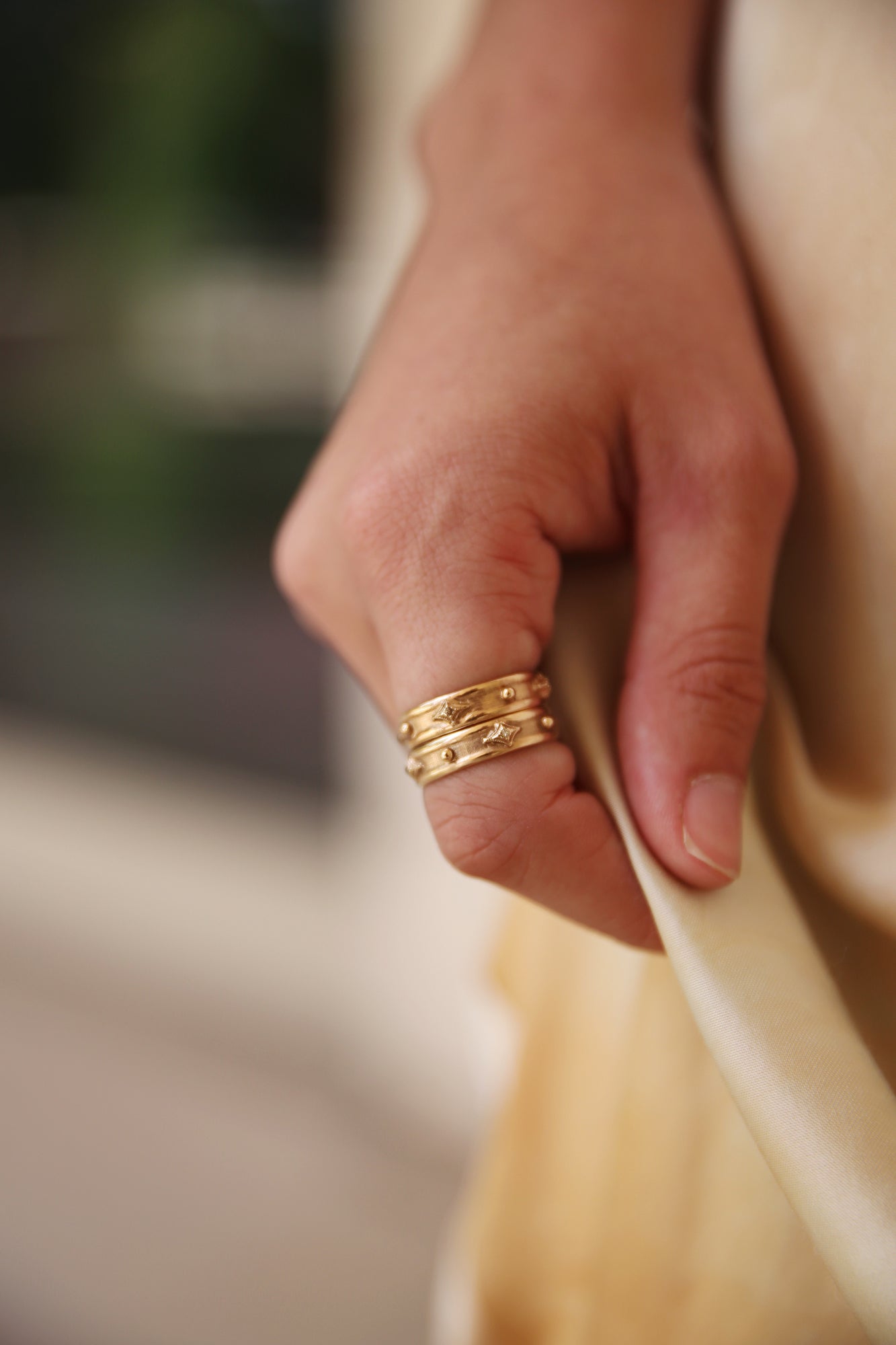 14K RG Crivelli + Granulation Champagne Diamond Stack Band Ring