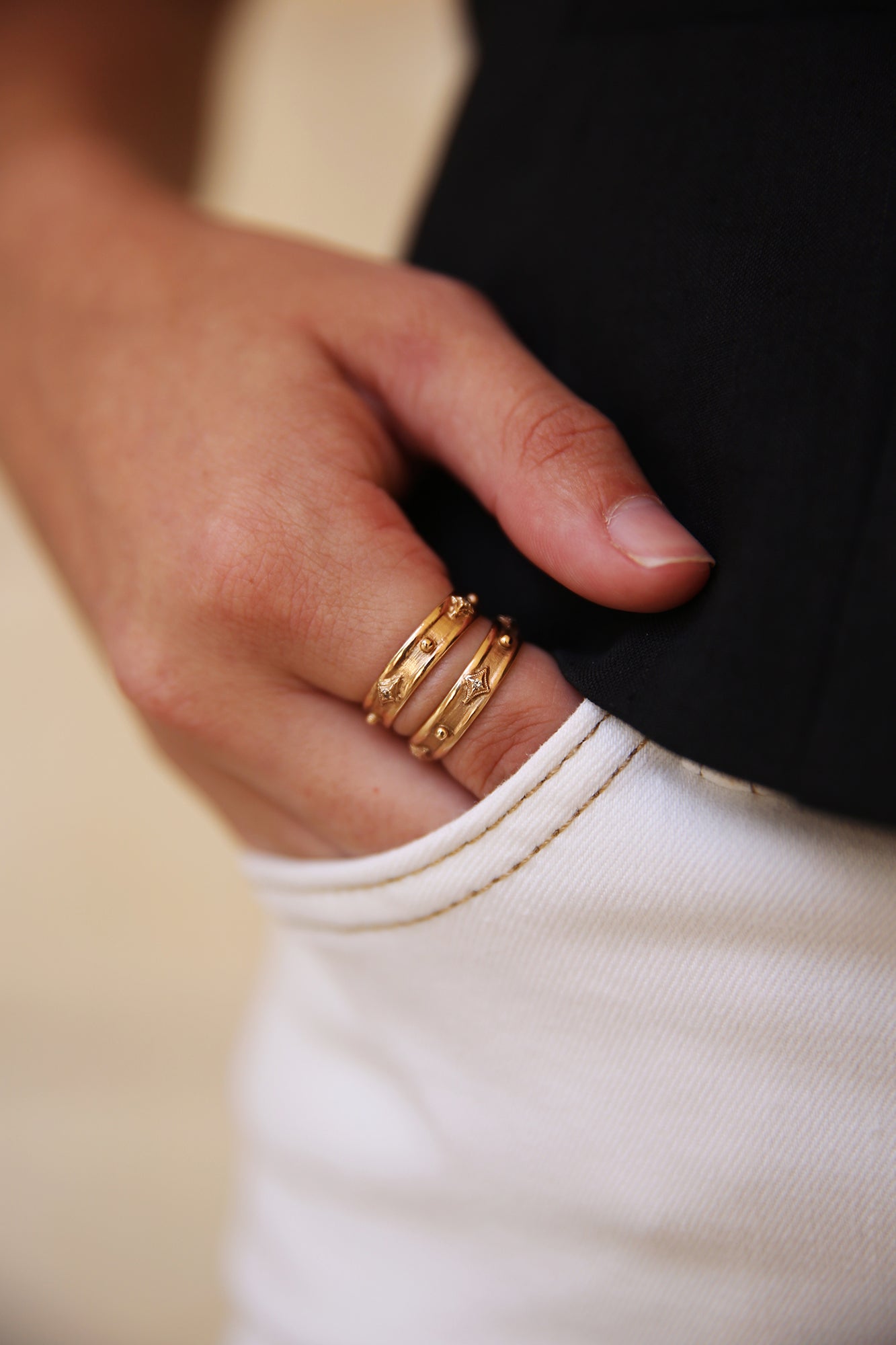 14K RG Crivelli + Granulation Champagne Diamond Stack Band Ring