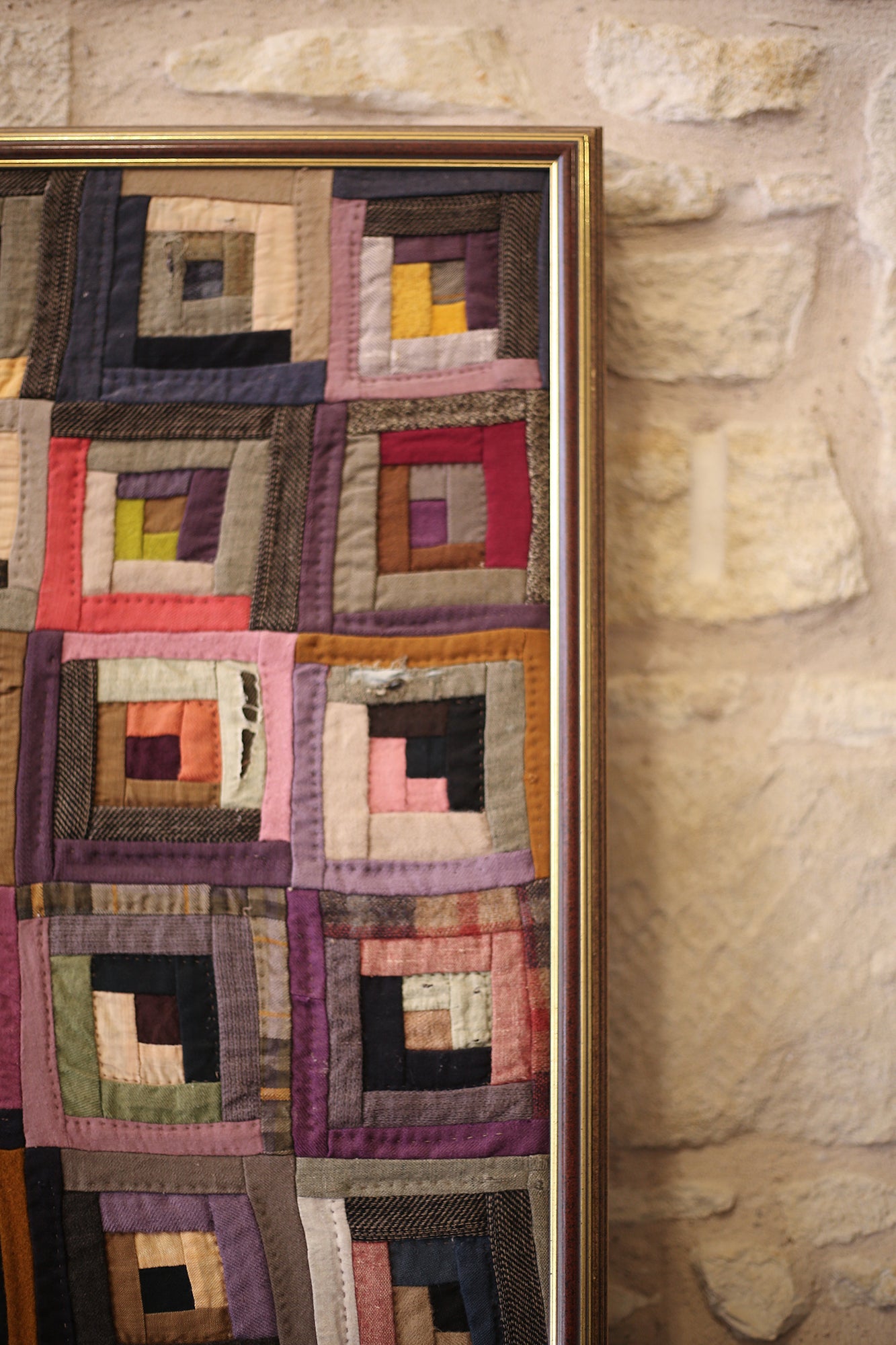 Antique Log Cabin Diamond Quilt Framed 78"h x 76"w