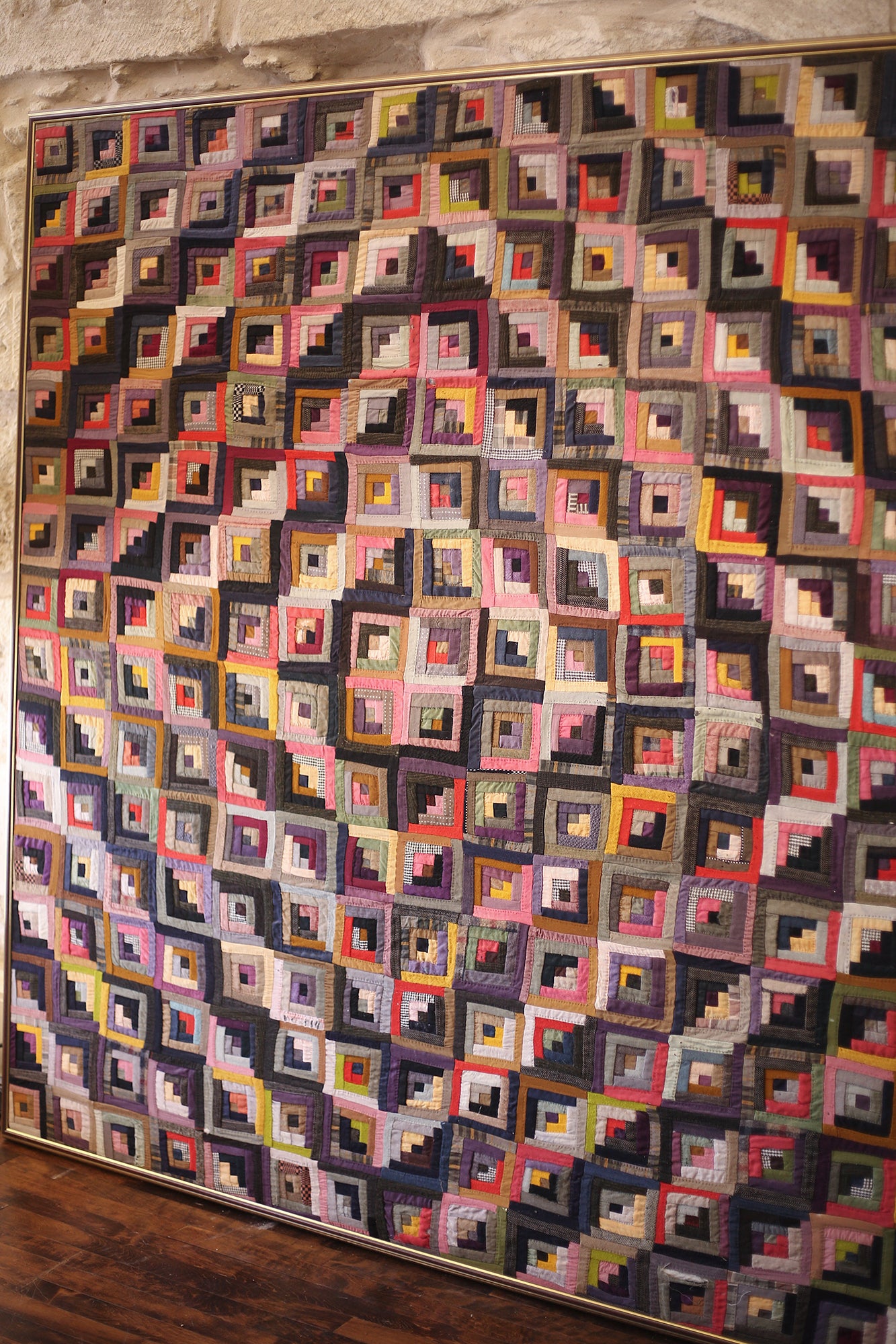 Antique Log Cabin Diamond Quilt Framed 78"h x 76"w
