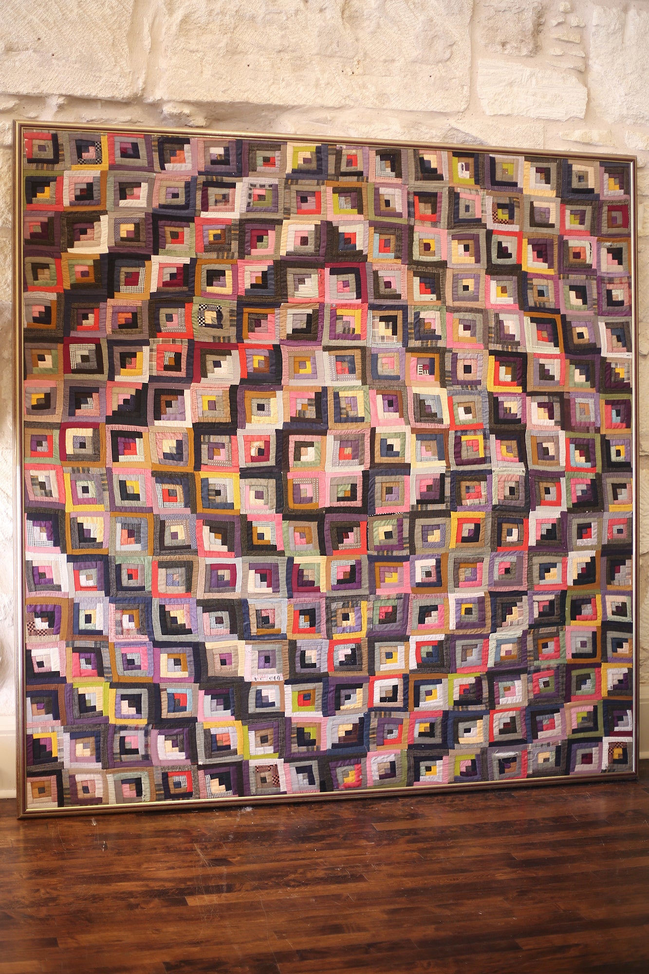 Antique Log Cabin Diamond Quilt Framed 78"h x 76"w