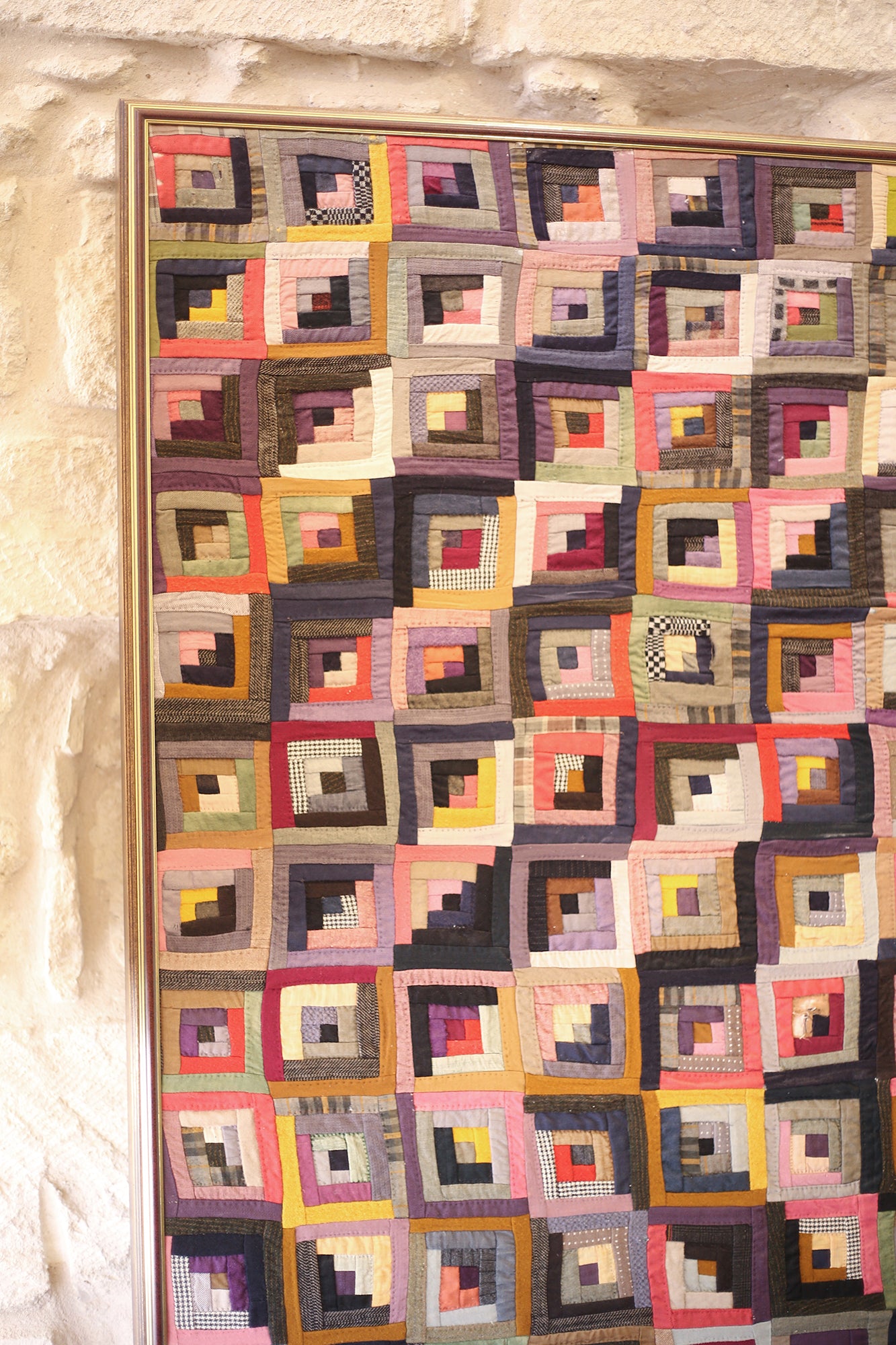 Antique Log Cabin Diamond Quilt Framed 78"h x 76"w