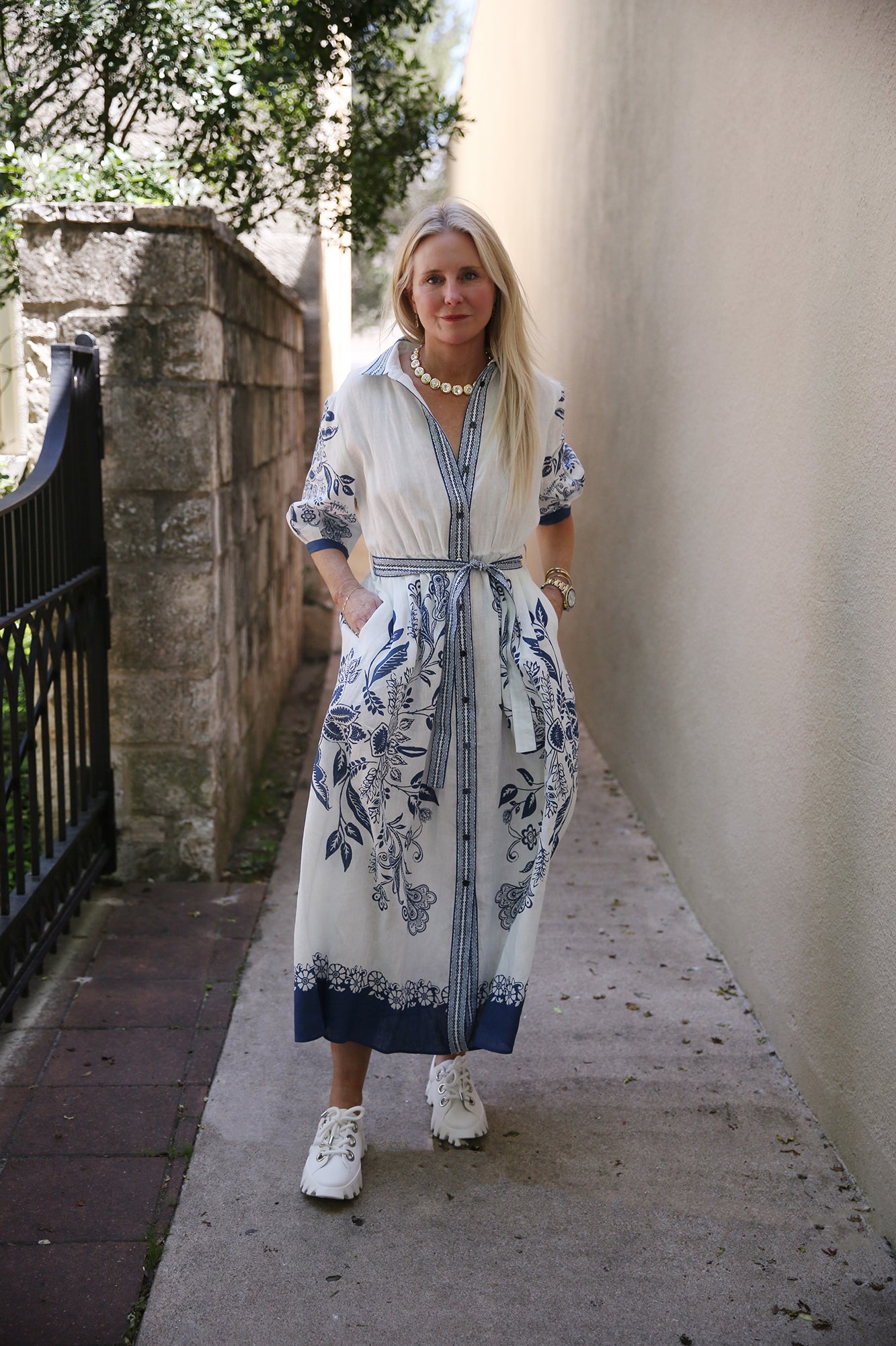 Blue Leaves White Dress