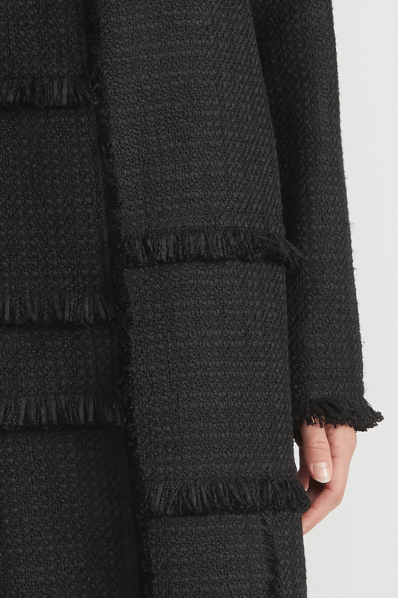 Bouclé Tweed Hand-Fringed Patchwork Coat Black