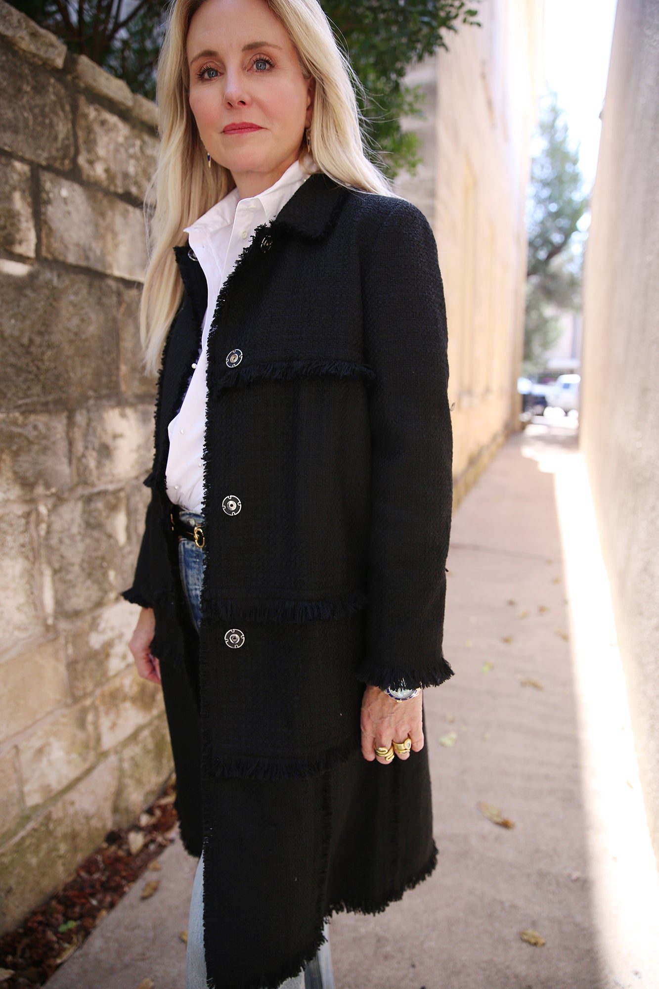 Bouclé Tweed Hand-Fringed Patchwork Coat Black