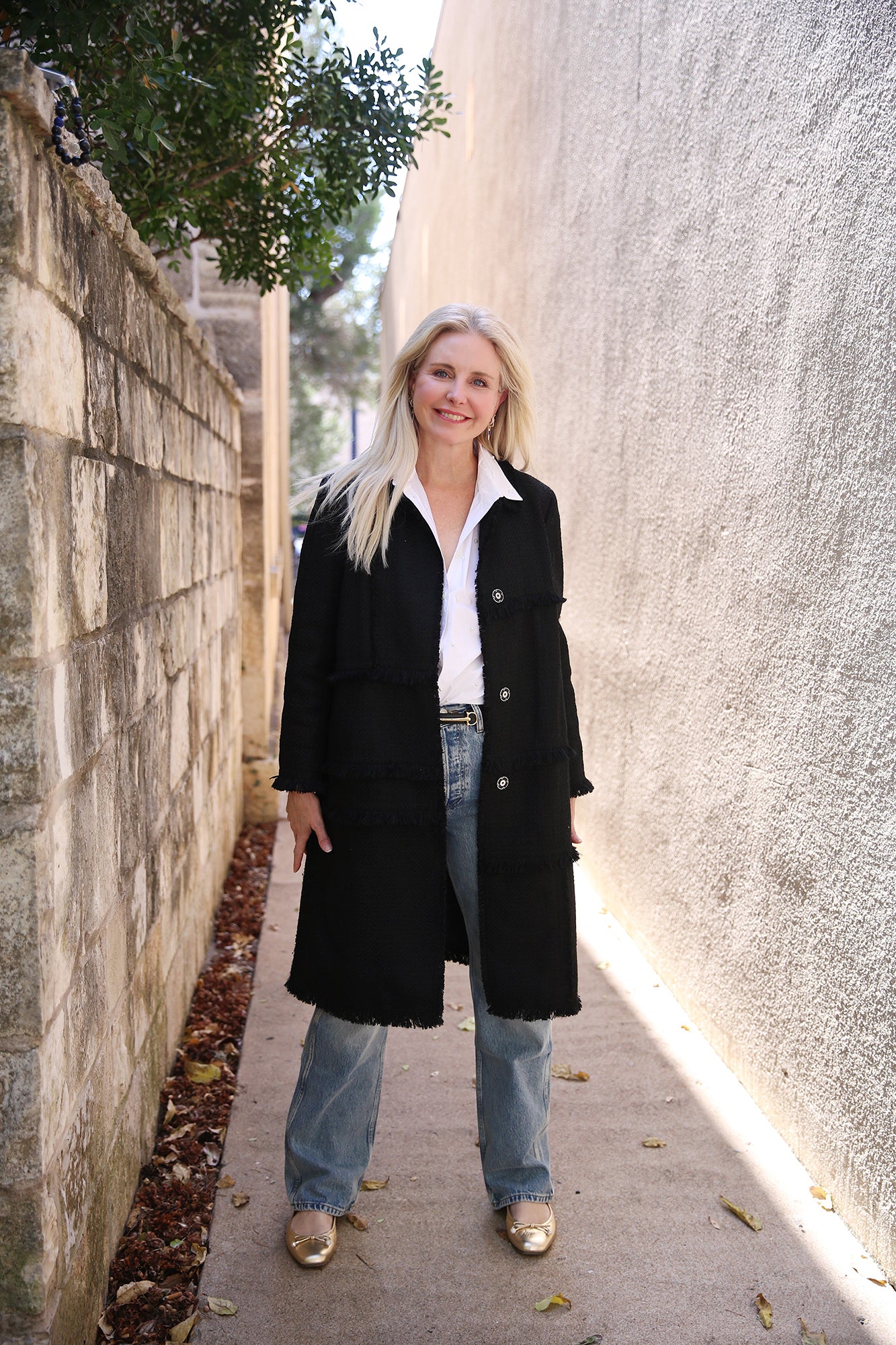 Bouclé Tweed Hand-Fringed Patchwork Coat Black