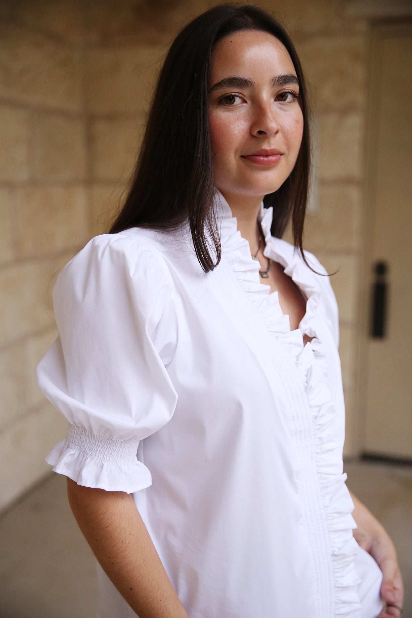 Cici Shirred Shirt Silky Poplin White