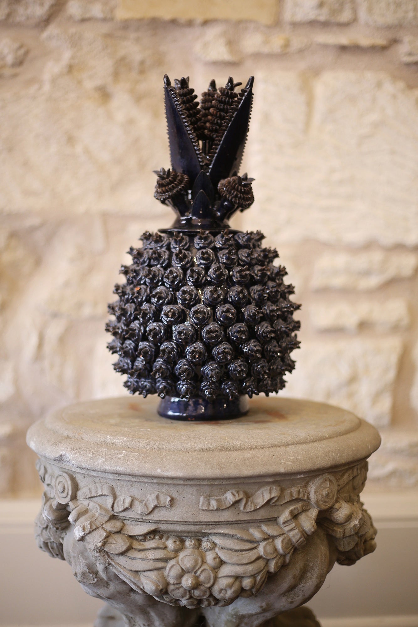 Earthenware Lidded Pineapple Urn Navy