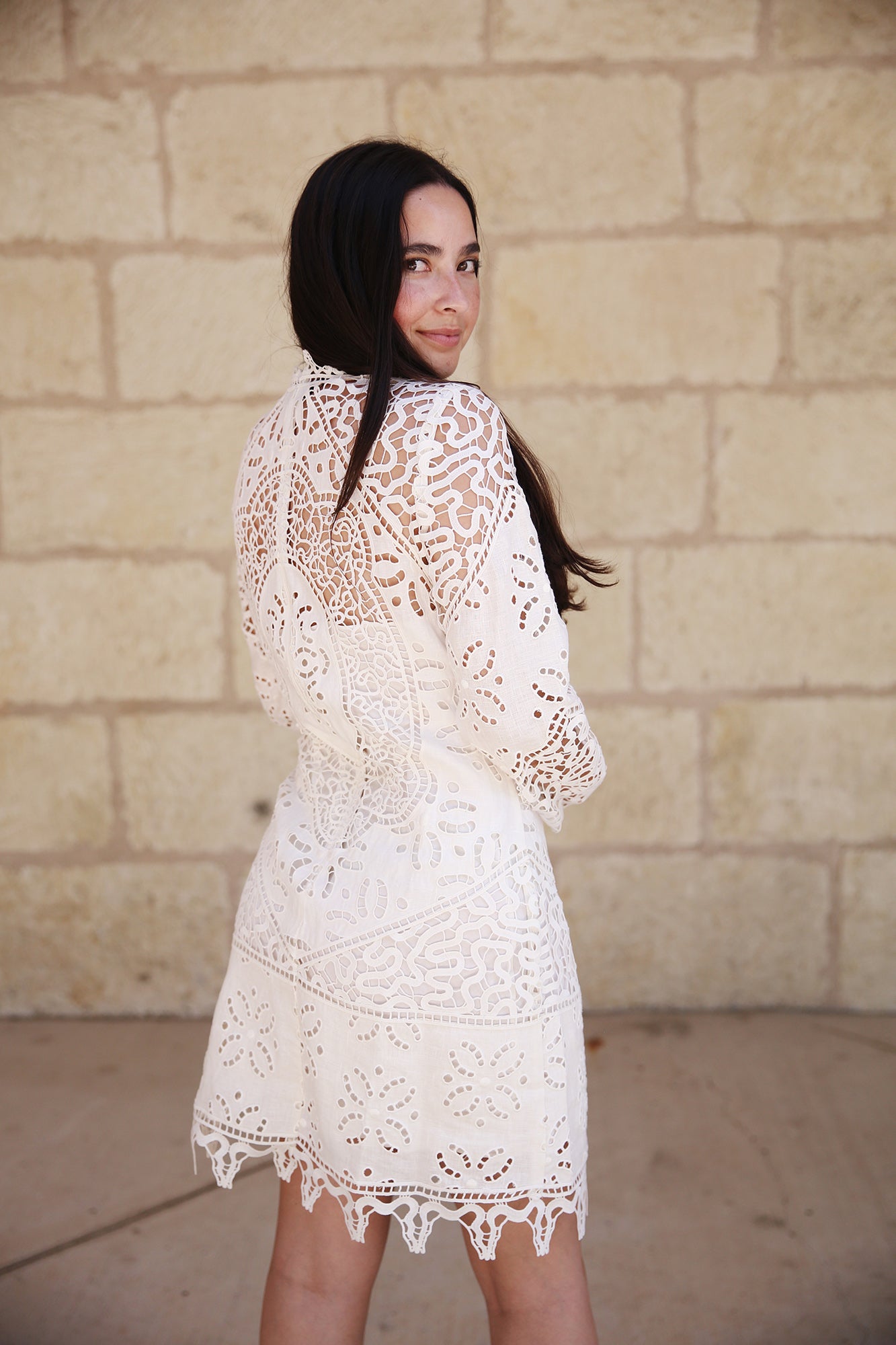Eleni Dress Patchwork Linen Eyelet Pristine