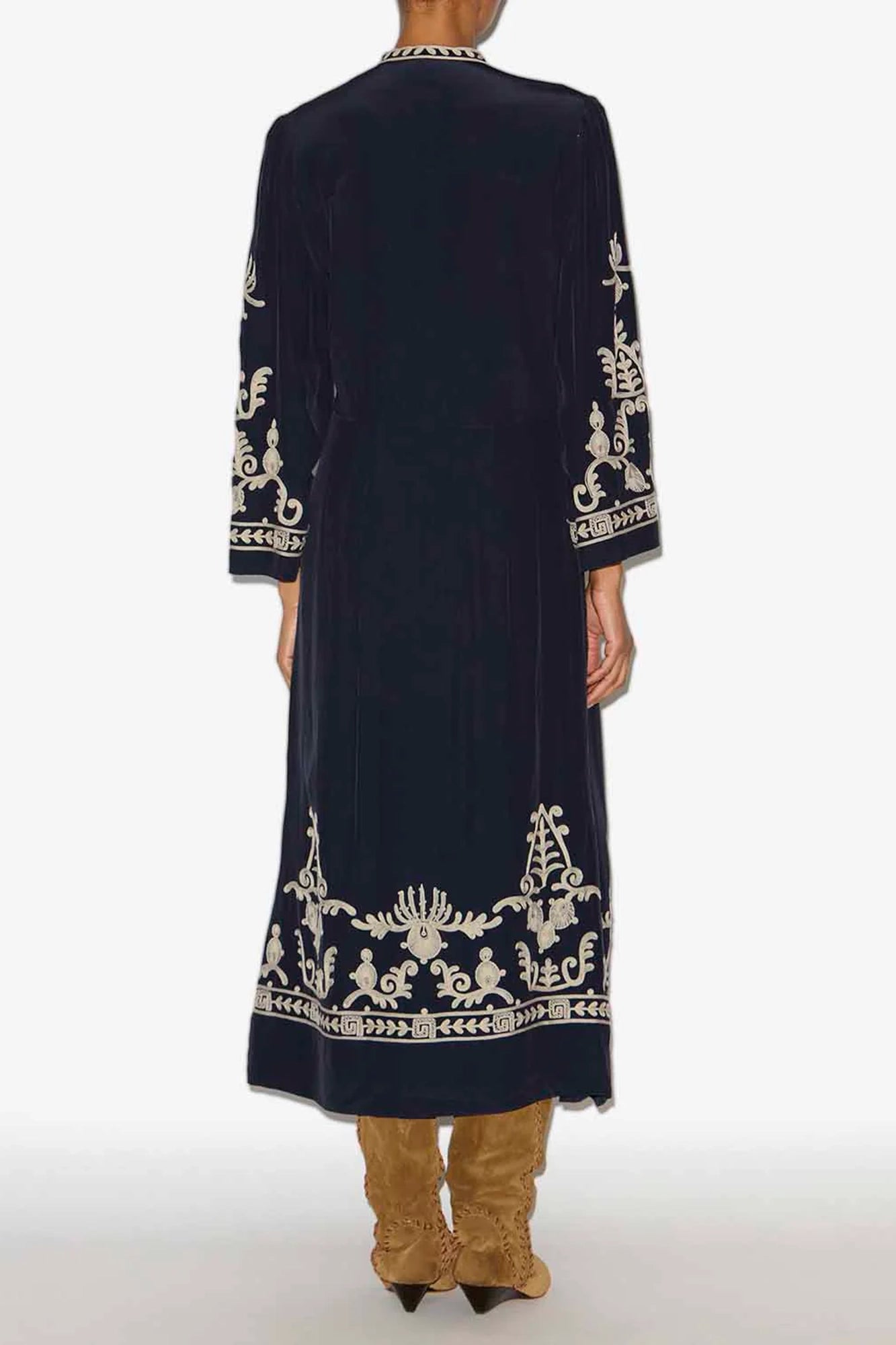 Feliana Long Embroidered Crepe Dress