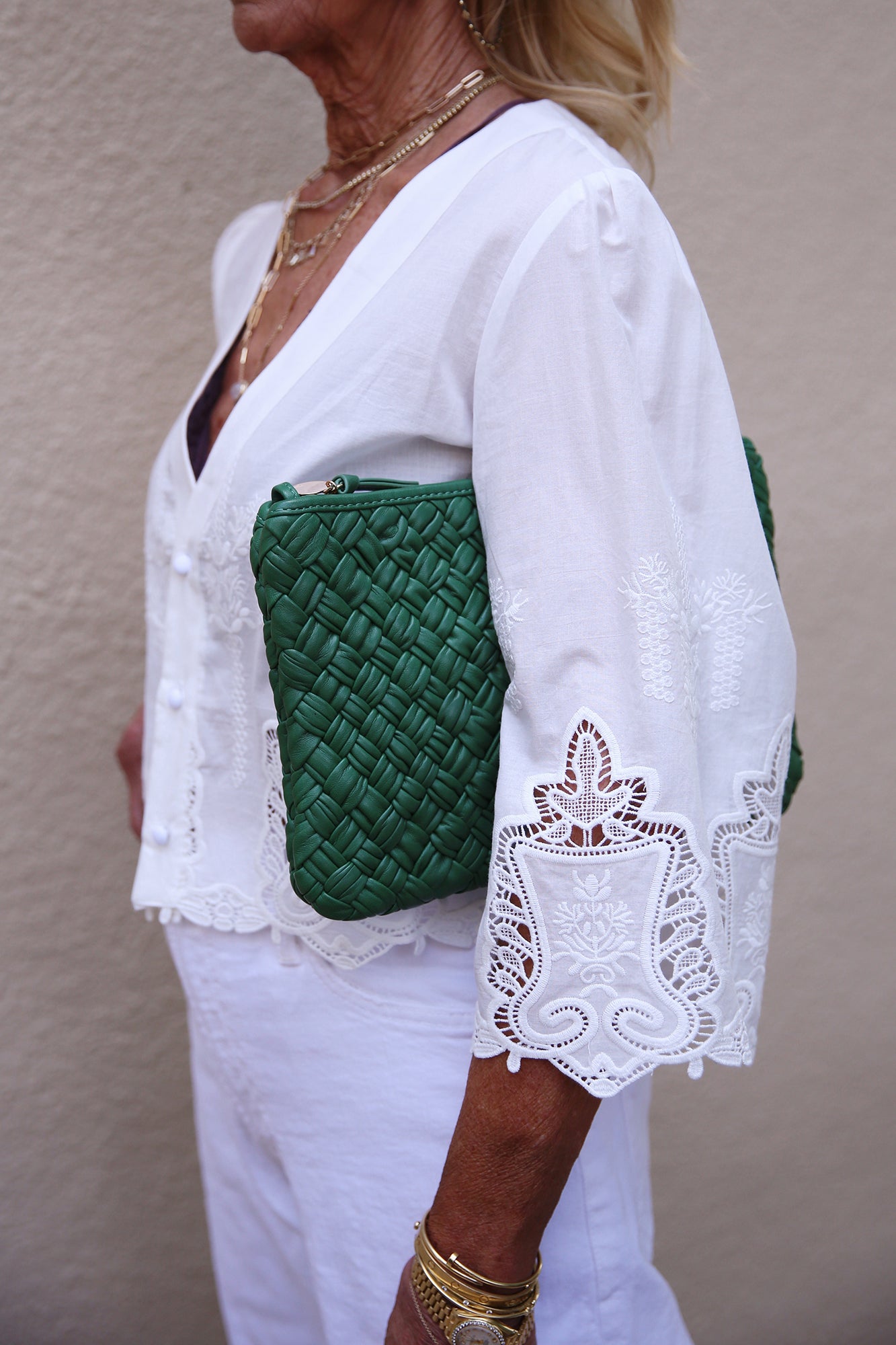 Flat Clutch With Tabs Fern Puffy Woven Nappa