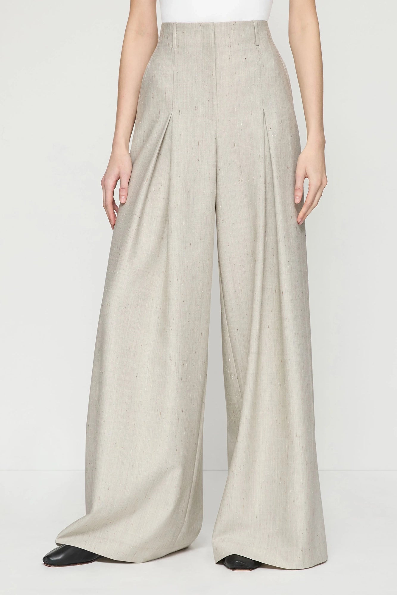 Flecked Wool-Silk Warren Pleated Wide Leg Pant Pencil Grey Multi