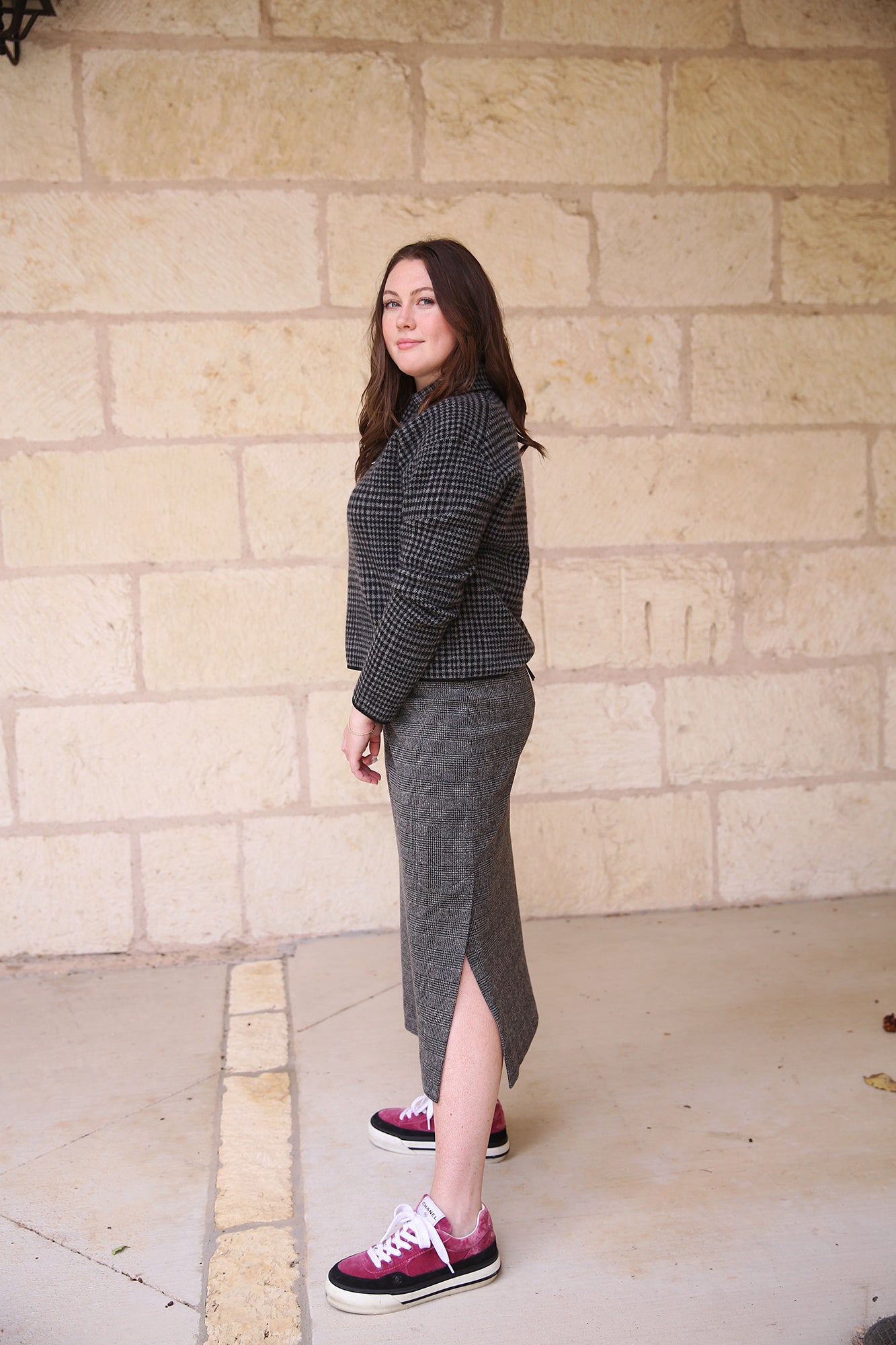 Glen Plaid Italian Cotton-Blend Side-Slit Skirt Black Multi