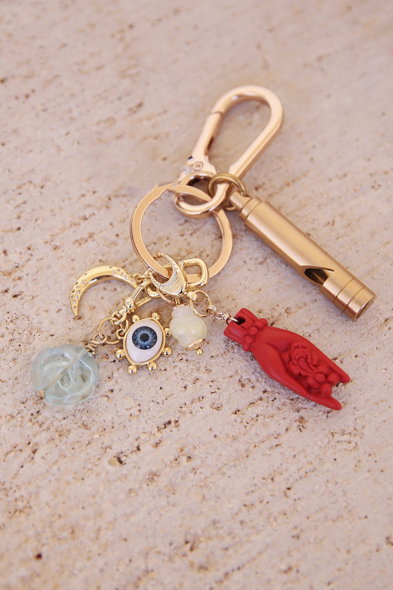 Gold Plated Bag Charm w/ Brass Whistle, Carved Red Cinnabar Buddha Hand w/ Pixiu, + Other Charms