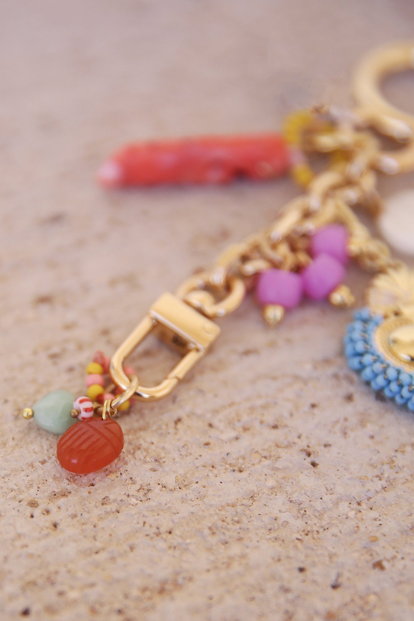 Gold Plated Bag Charm w/ Coral, Carved Mother-Of-Pearl, Pink Dyed Jade, + Handcarved Carnelian Scarab Charms
