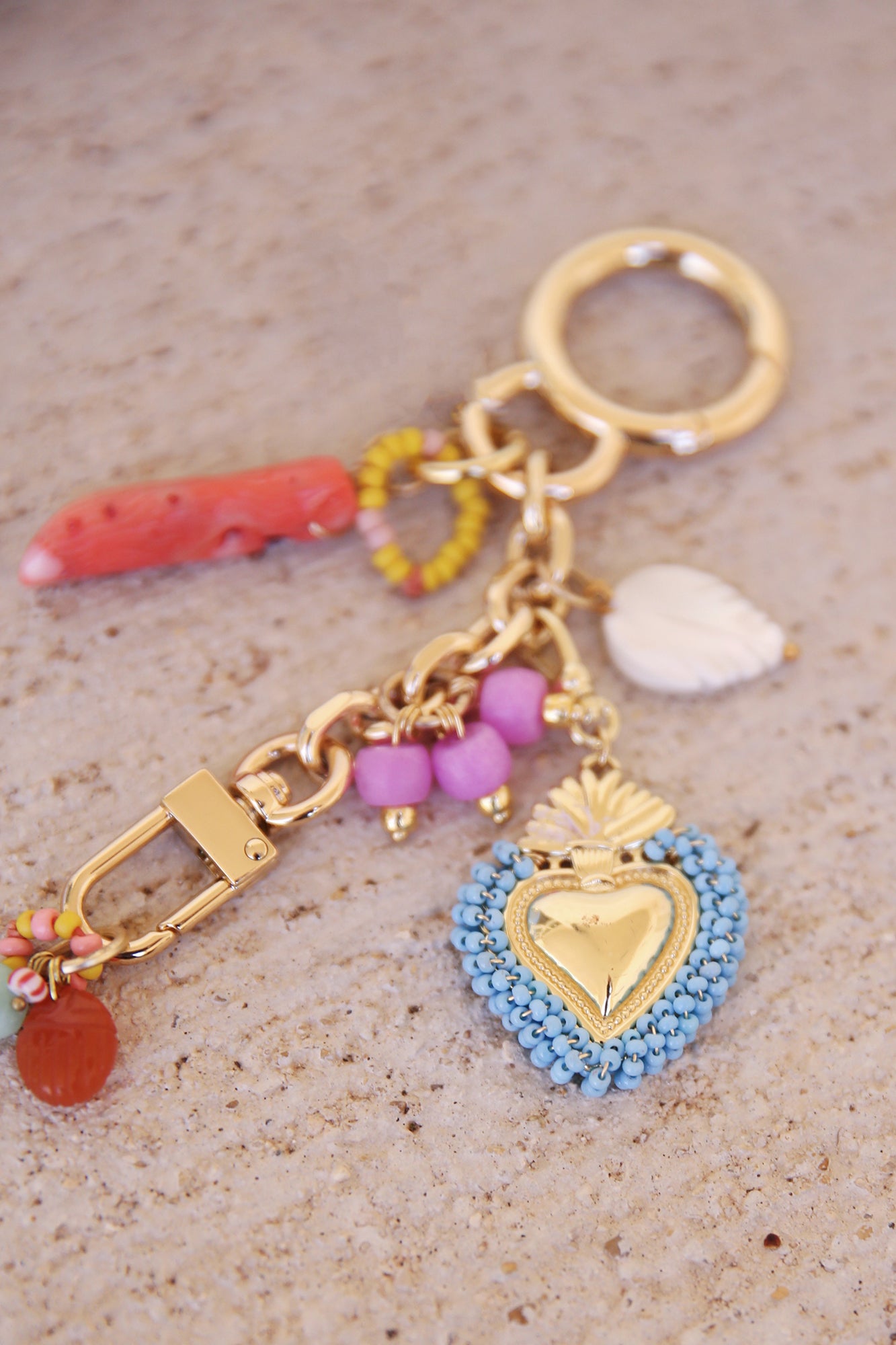 Gold Plated Bag Charm w/ Coral, Carved Mother-Of-Pearl, Pink Dyed Jade, + Handcarved Carnelian Scarab Charms
