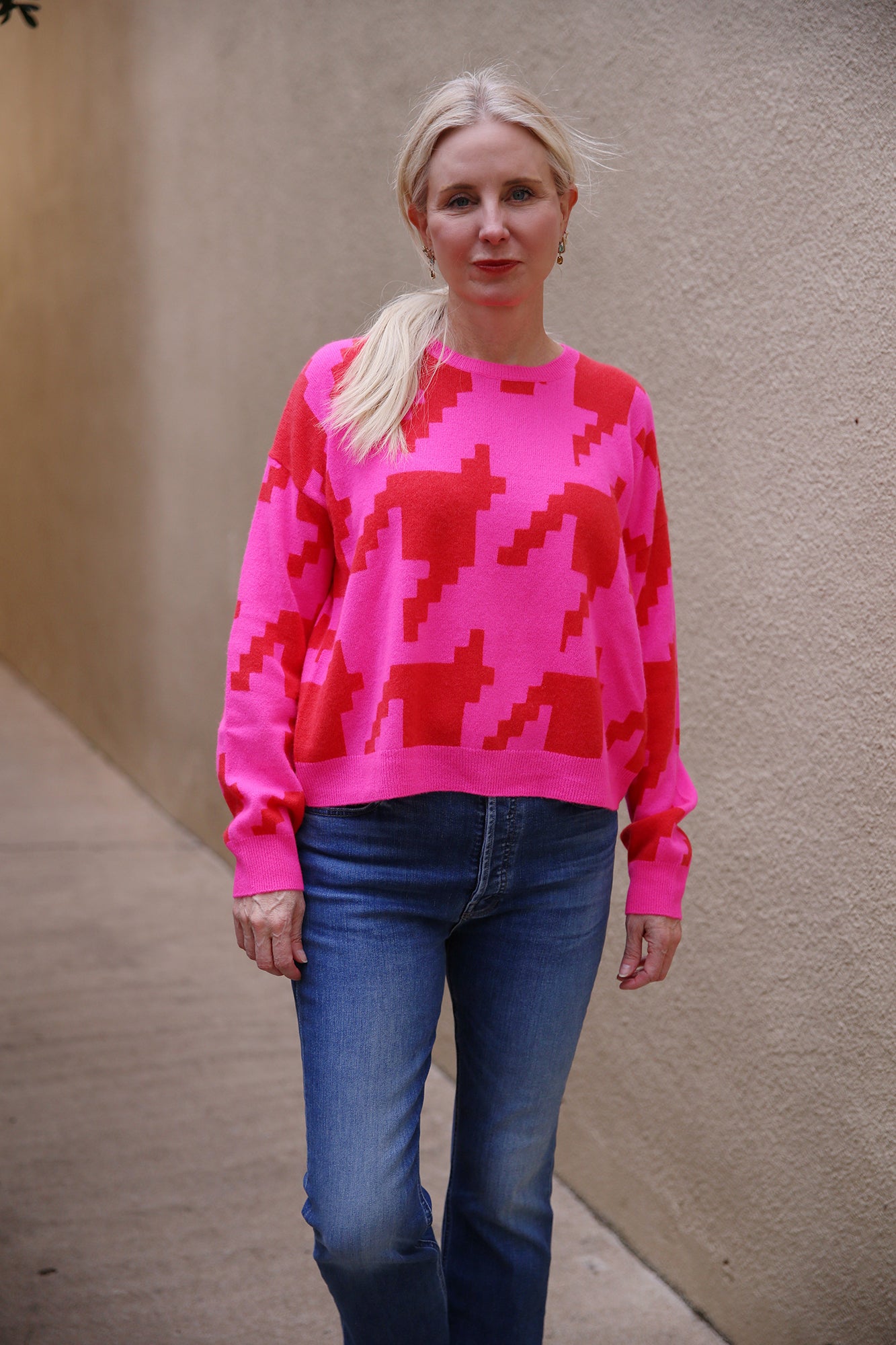 Hayley Houndstooth Crew Sweater Diva Pink Lipstick
