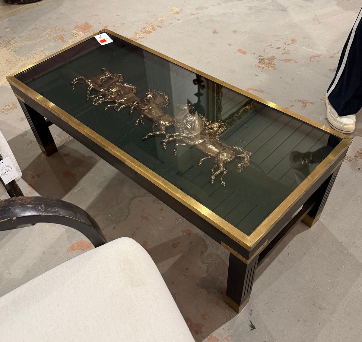 1960S Mid- Century Horses Brass and Chrome French Side Table Glass Top