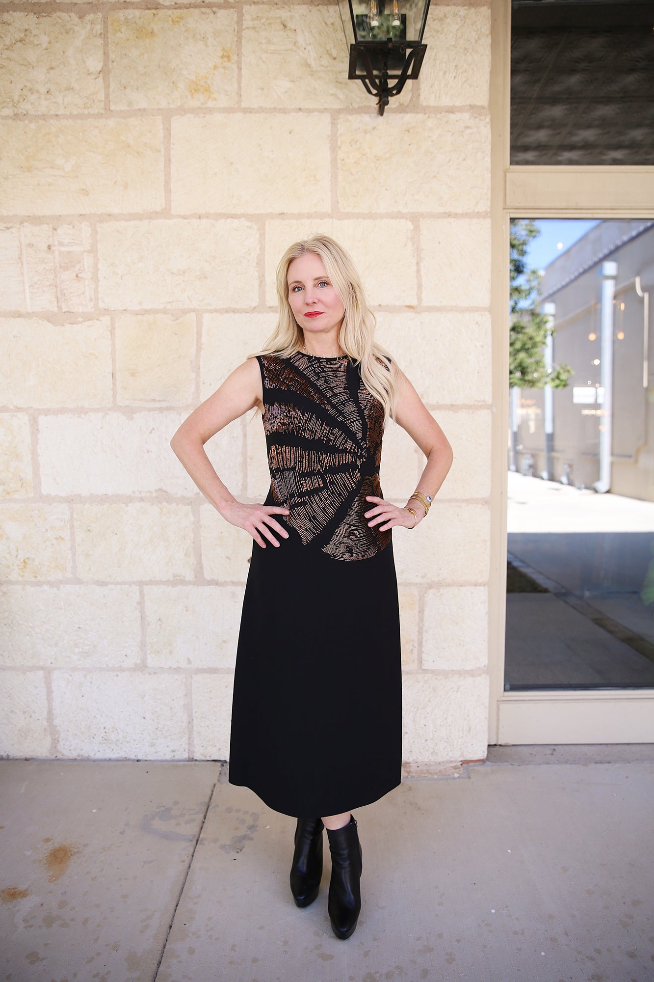 Hand-Beaded Wool-Silk Crepe Cap Sleeve Dress Black