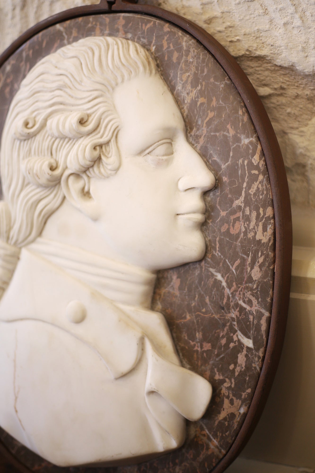 Right-Facing Iron-Framed Marble Italian Portrait Medallion