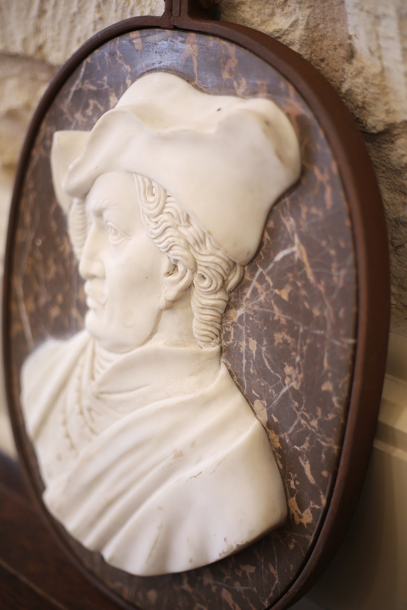 Left-Facing Iron-Framed Marble Italian Portrait Medallion