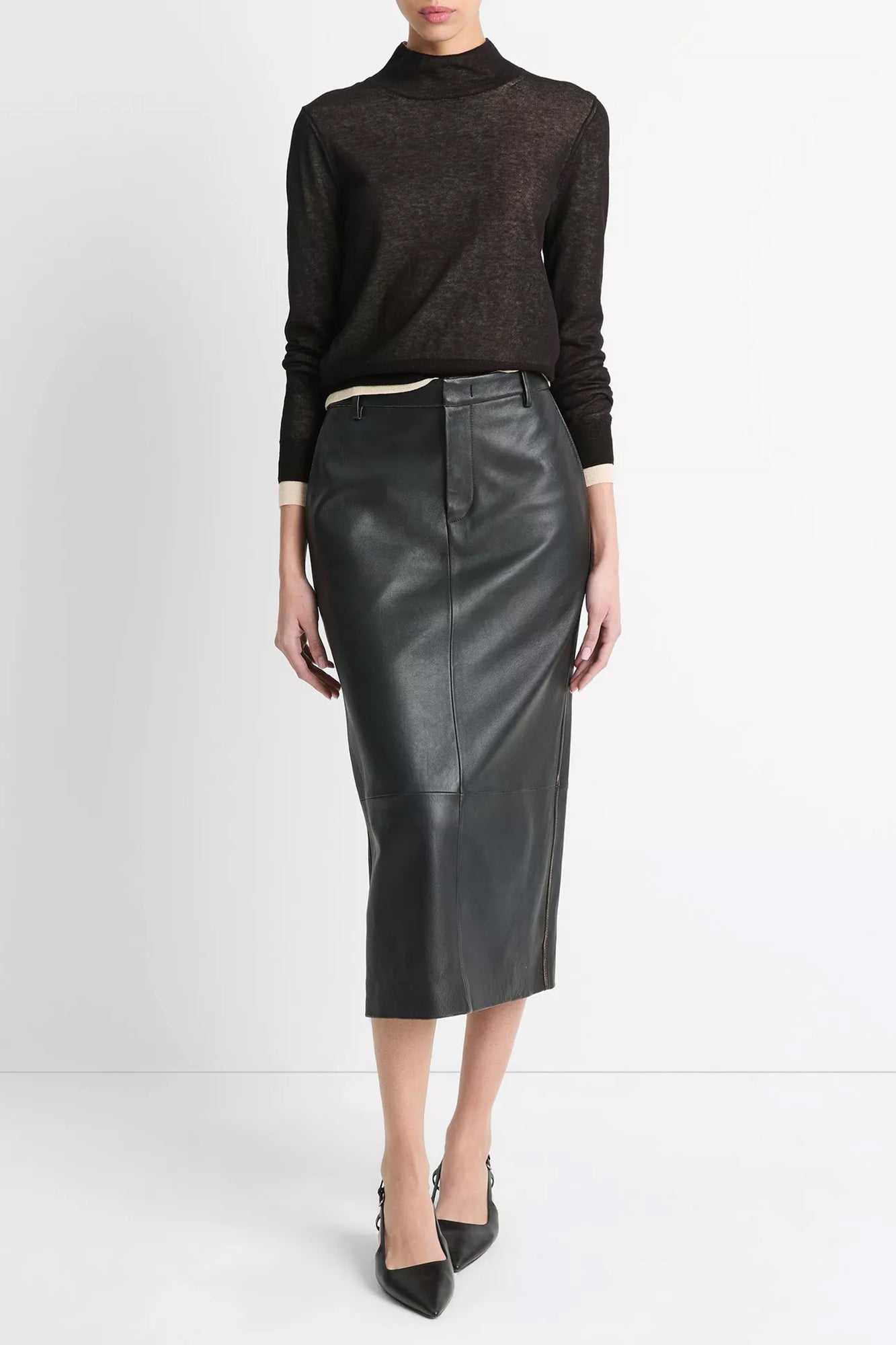 Italian Cotton-Blend Double-Layer Mock-Neck Sweater Black/White Sand