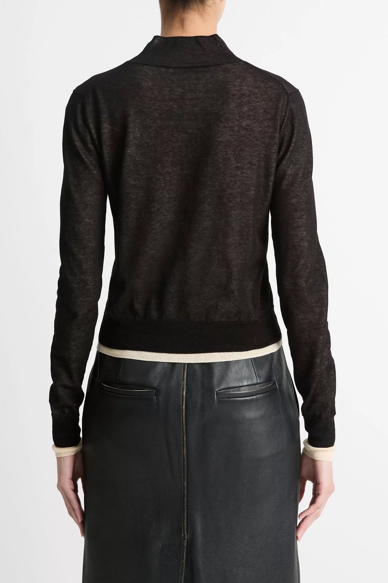 Italian Cotton-Blend Double-Layer Mock-Neck Sweater Black/White Sand
