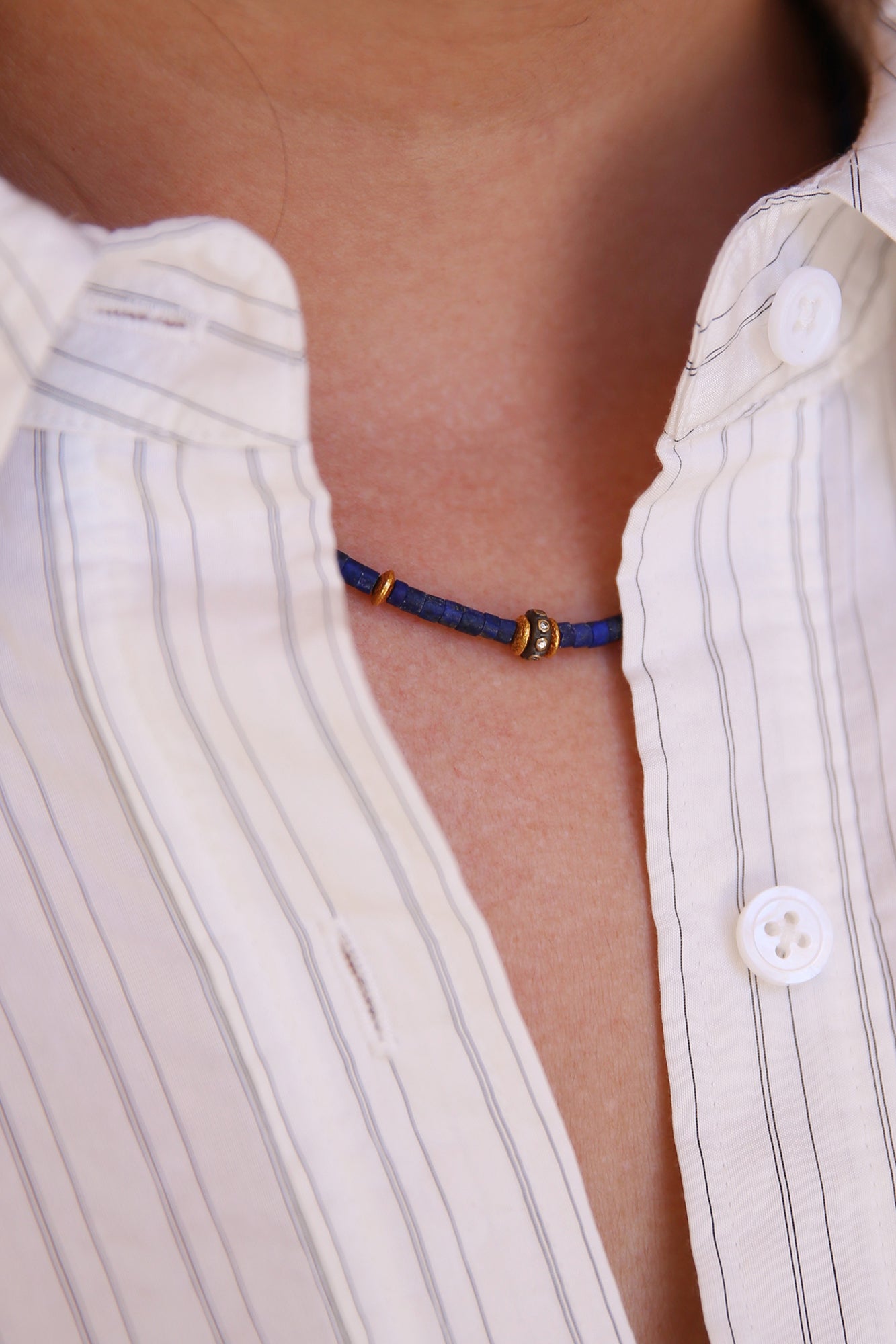 Tube Lapis With Diamond And Gold Beads