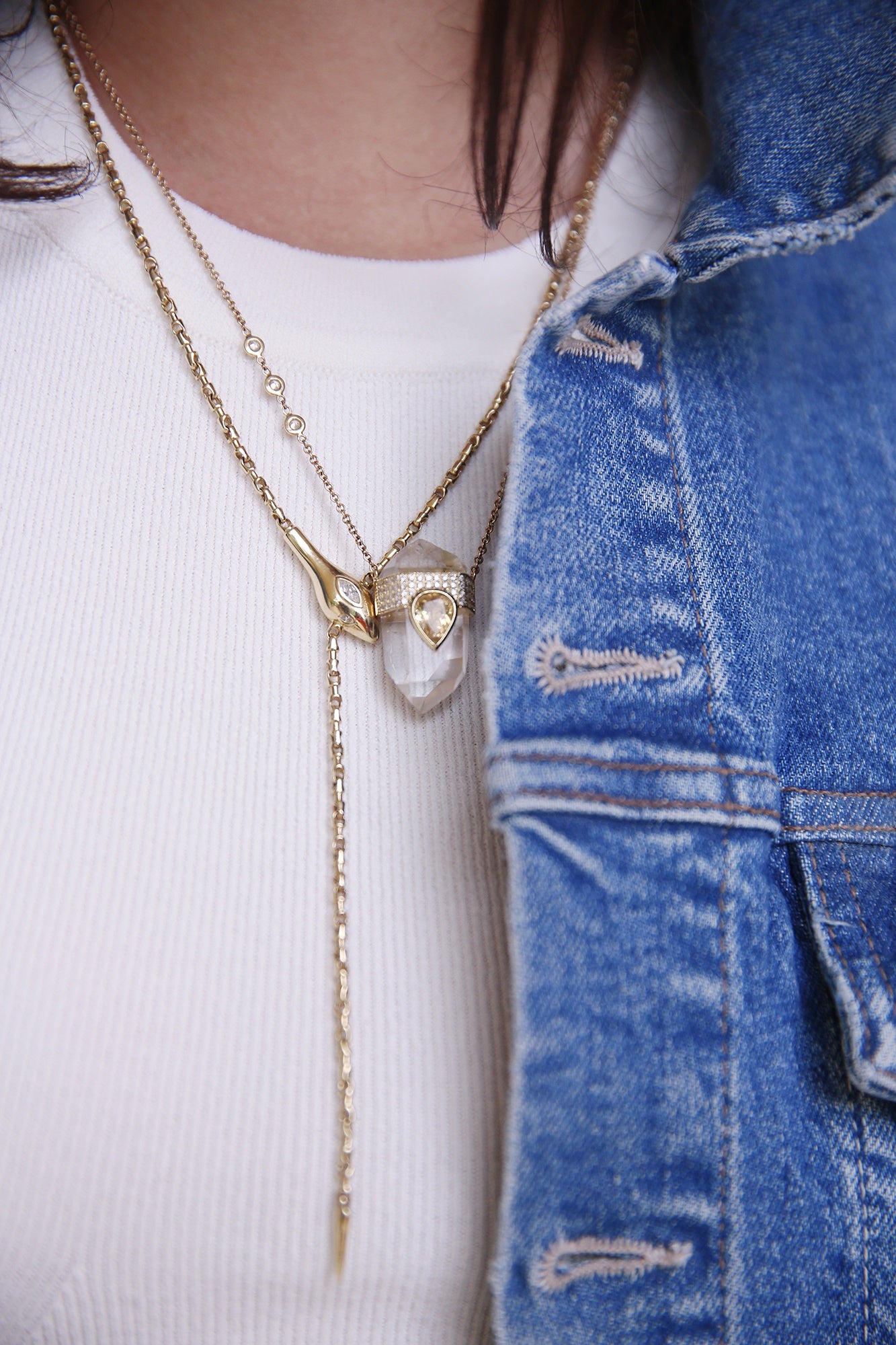 AICHE YG 4 Row Pave Teardrop Yellow Tourmaline Crystal 6 Diamond Necklace