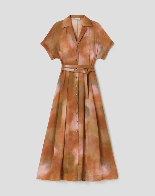 Pastel Print Gemma Cloth Voile Belted Shirtdress Red Ochre Multi