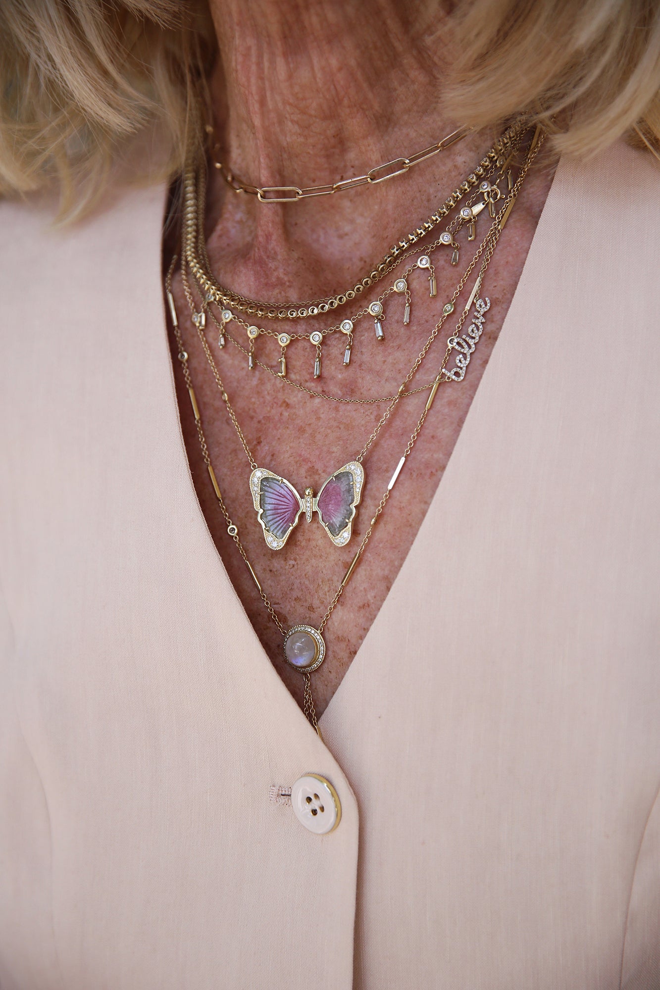 Watermelon Tourmaline Pave Butterfly Necklace