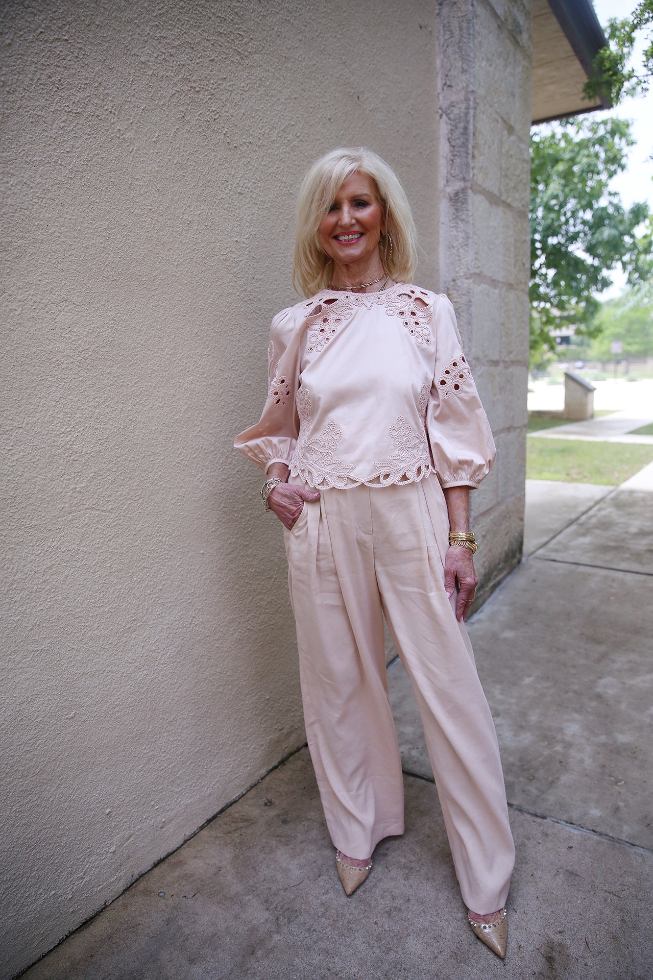 Ourika Gardens Short Cotton Eyelet Embroidery Blouse Soft Rose