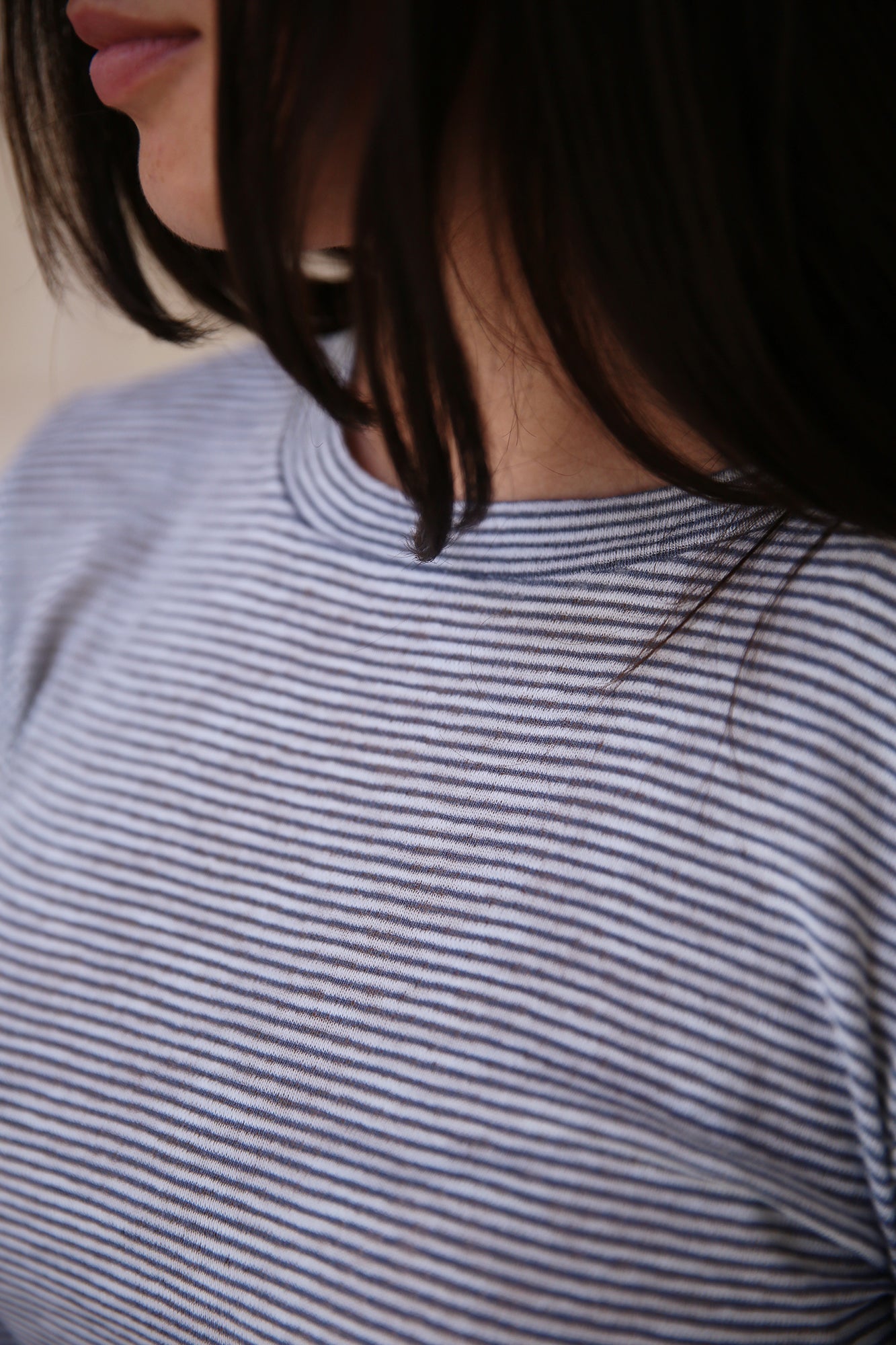 Micro-Stripe Cotton-Blend 3/4 Sleeve T-Shirt Off White/Harbor