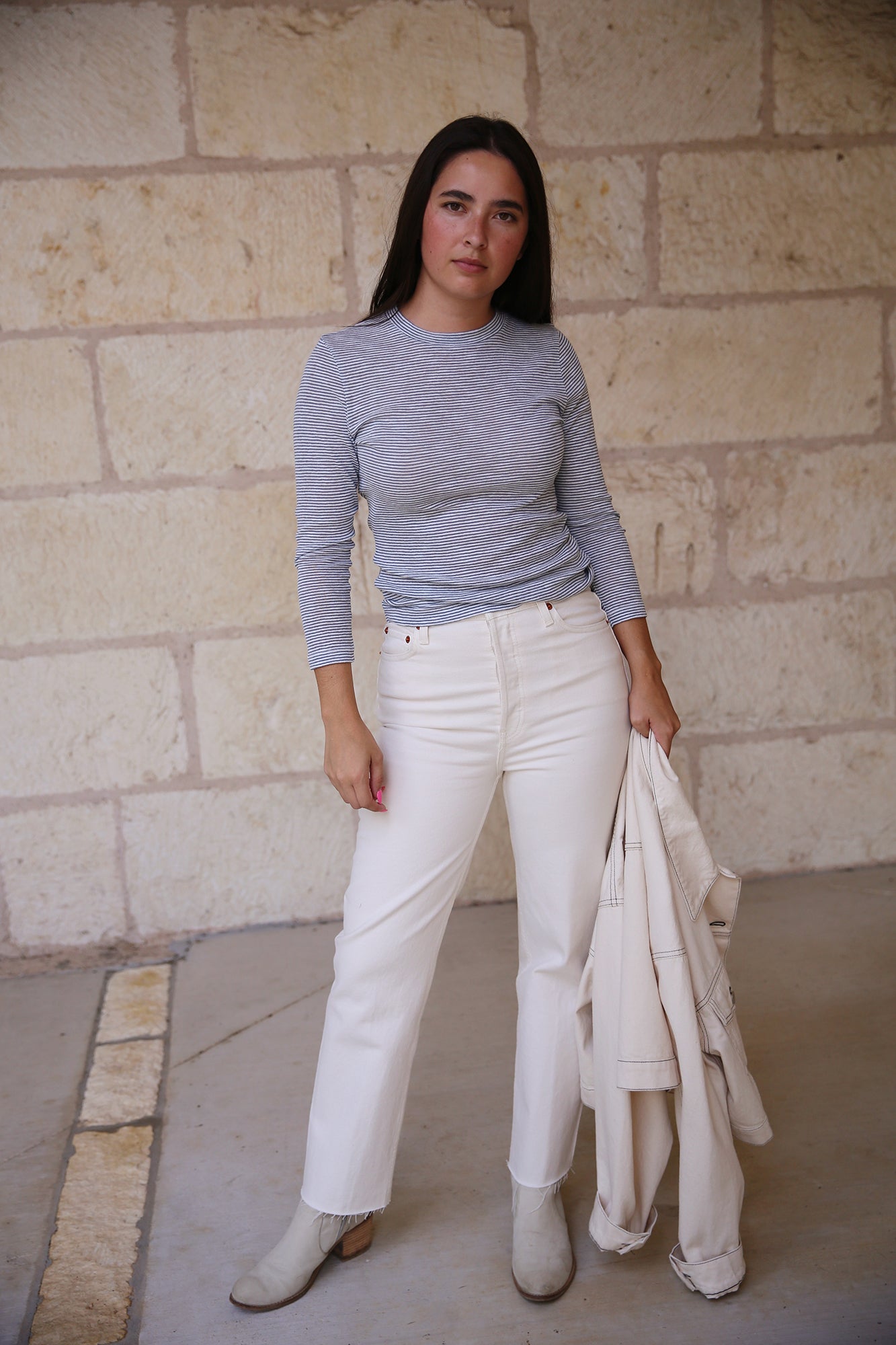 Micro-Stripe Cotton-Blend 3/4 Sleeve T-Shirt Off White/Harbor
