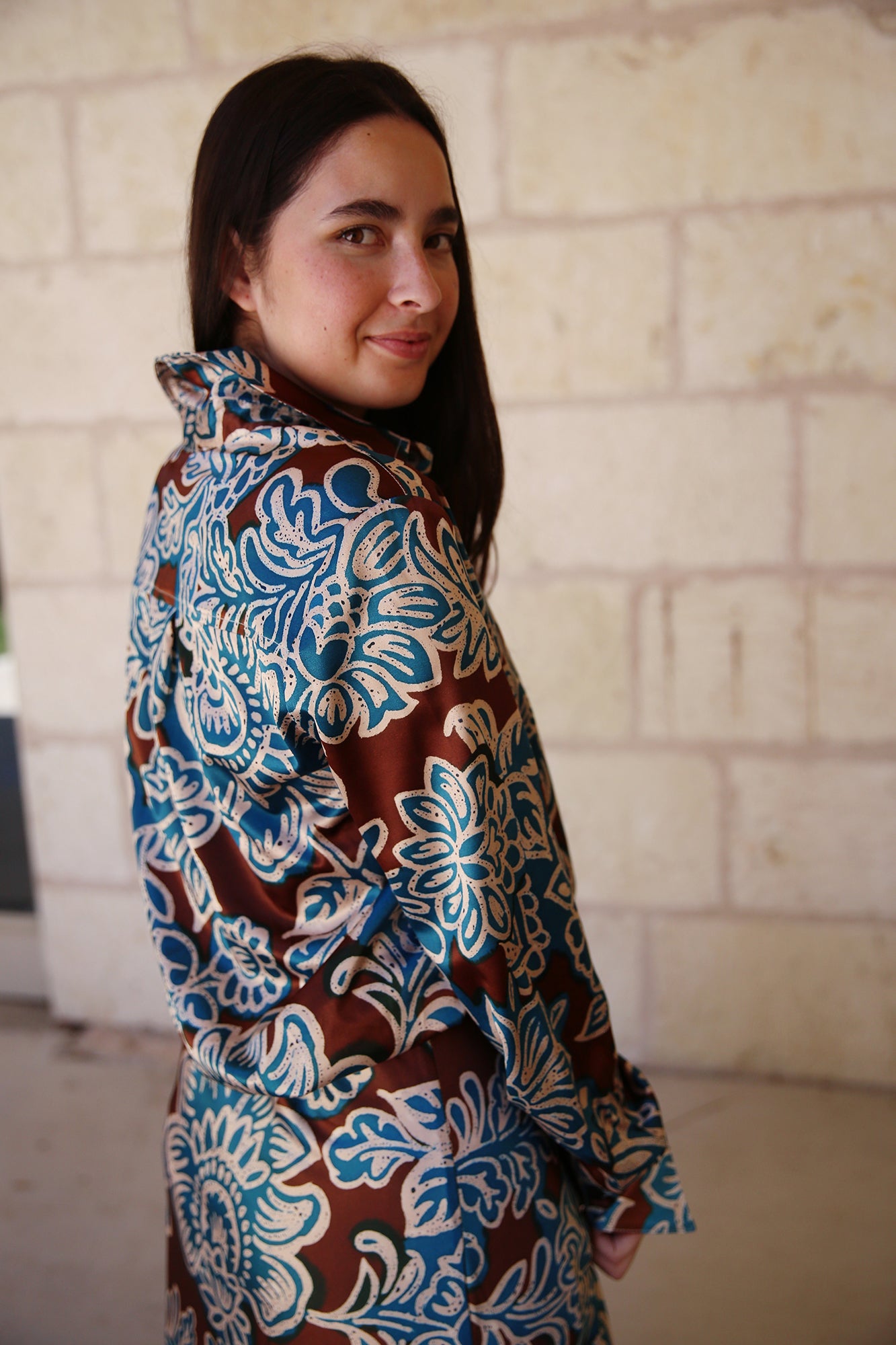 Moxie Shirt Watercolor Satin Palm Print Brown/Ivory