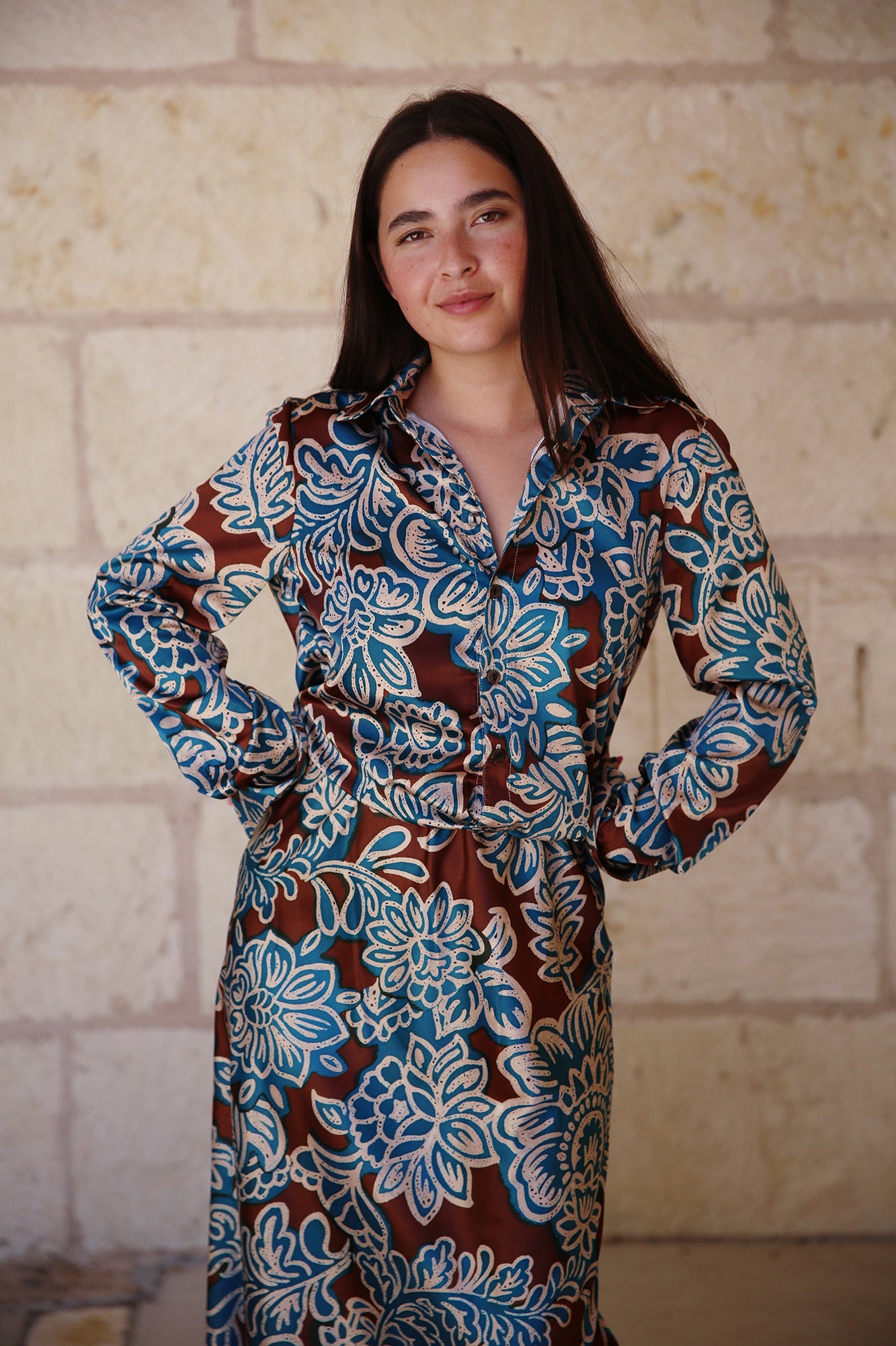Moxie Shirt Watercolor Satin Palm Print Brown/Ivory