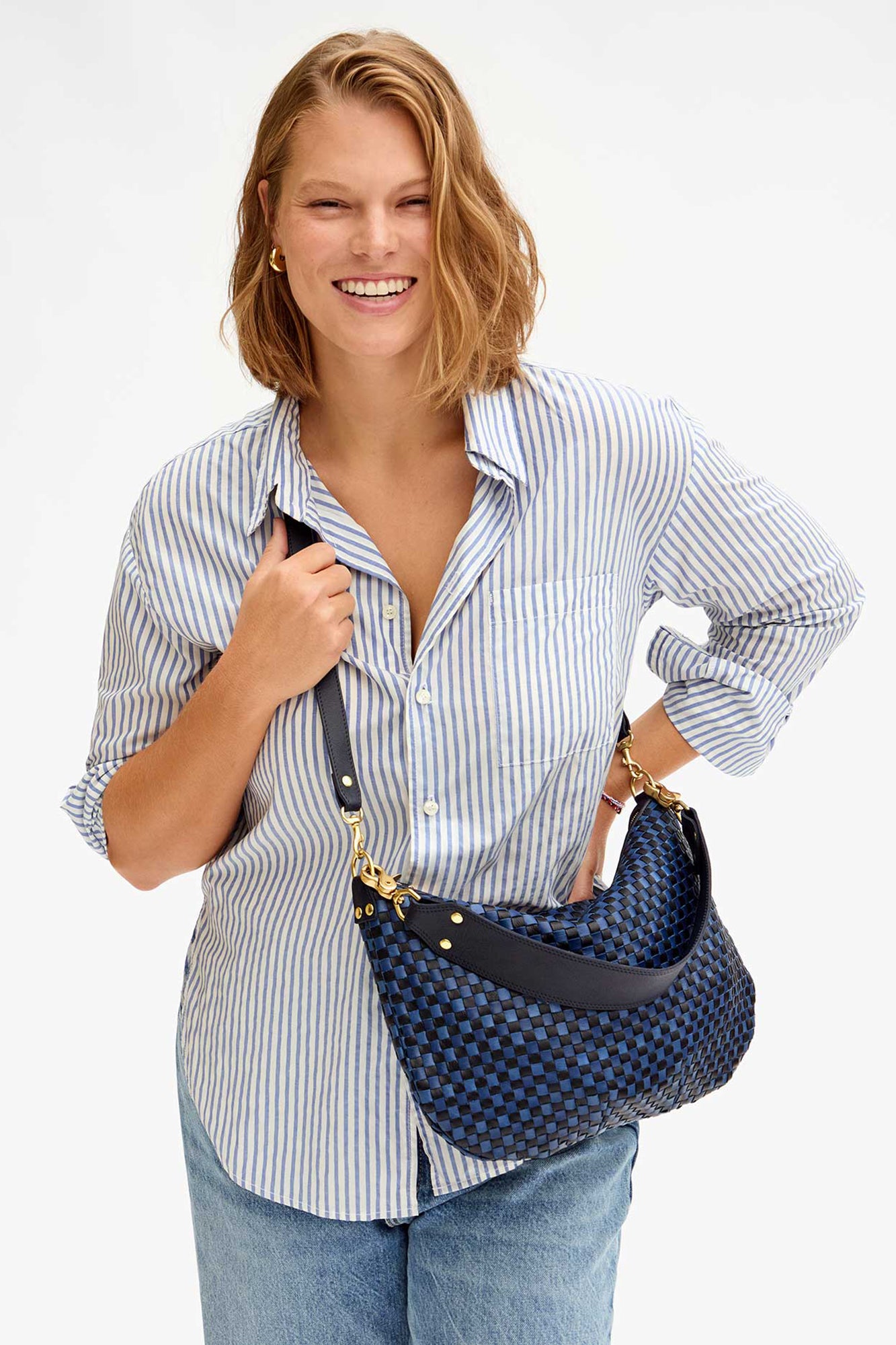 Moyen Messenger Handbag Dark Blue Woven Checker