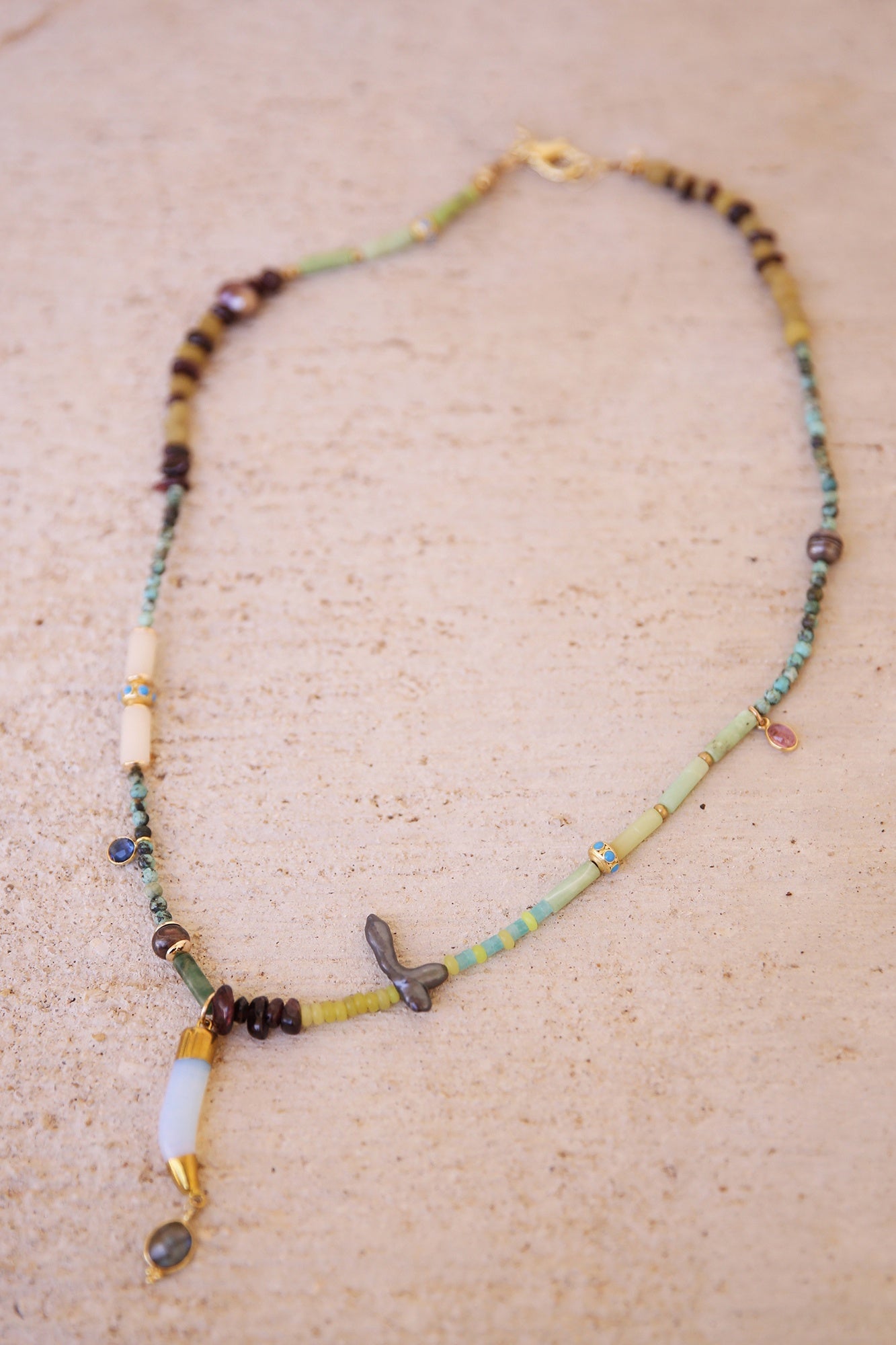 Necklace Jade, African Turquoise, Black Pearls, Uncut Garnet, Imported Old Yellow Kenya Turkana Beads, Opalite + Labradorite Charm, Brass Findings