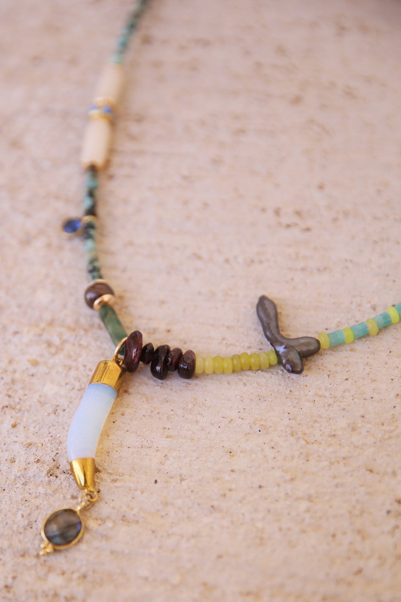 Necklace Jade, African Turquoise, Black Pearls, Uncut Garnet, Imported Old Yellow Kenya Turkana Beads, Opalite + Labradorite Charm, Brass Findings