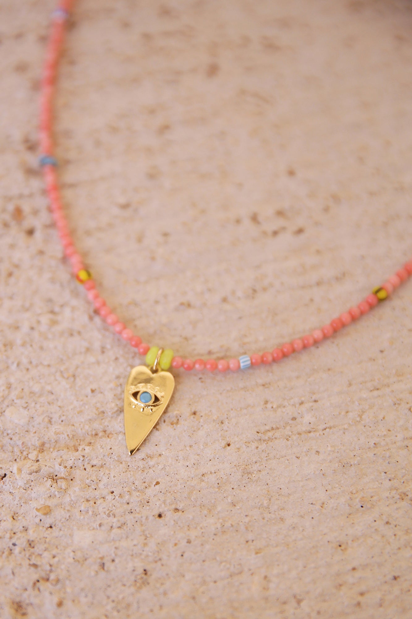 Necklace of Pink Coral w/ African Trade Beads + Heart Charm