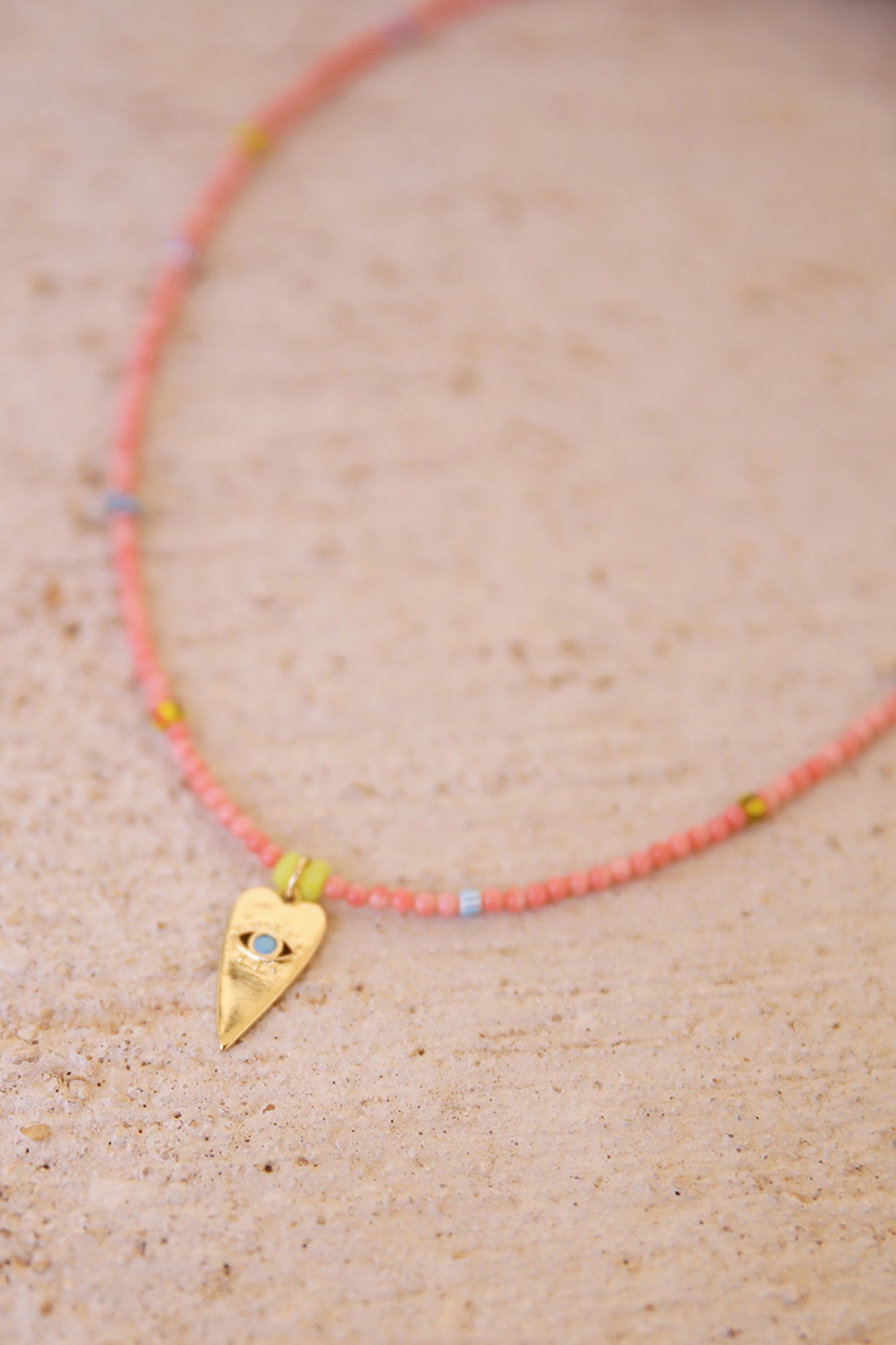 Necklace of Pink Coral w/ African Trade Beads + Heart Charm