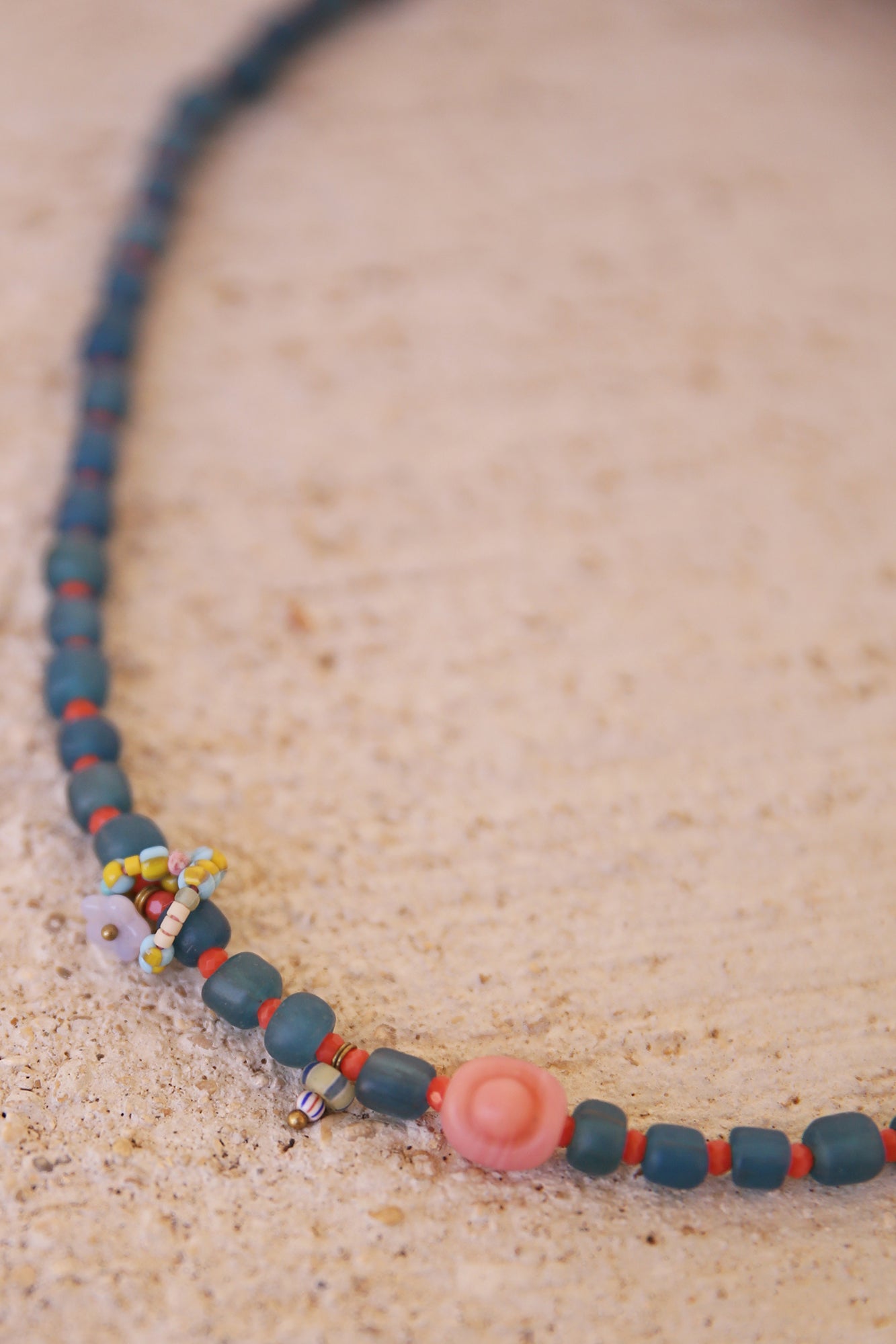 Necklace w/ Blue Java Glass Beads, Czech Red Glass, Agate, Red Jade Buddha Charm, Amethyst Heart + Brass Findings