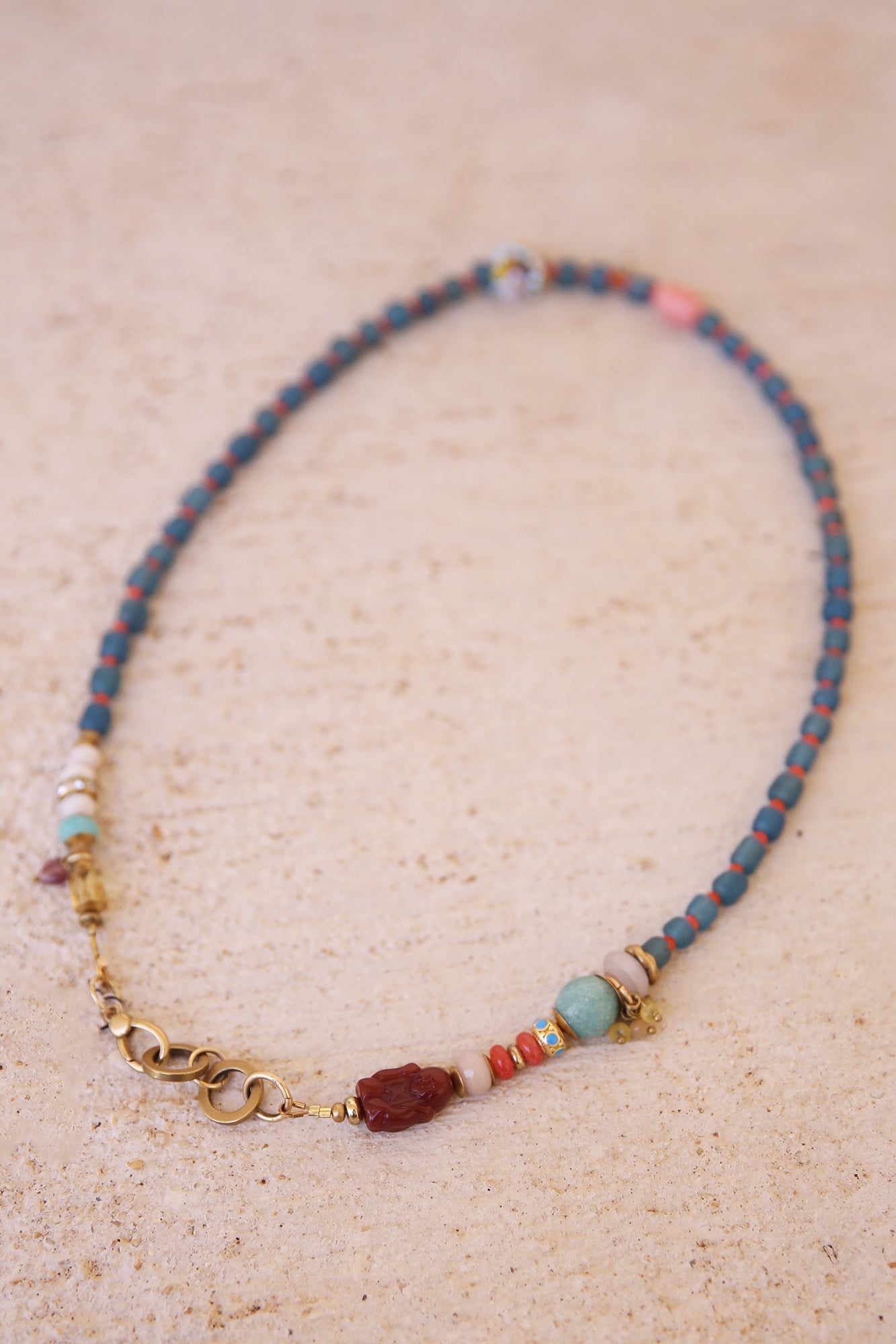 Necklace w/ Blue Java Glass Beads, Czech Red Glass, Agate, Red Jade Buddha Charm, Amethyst Heart + Brass Findings