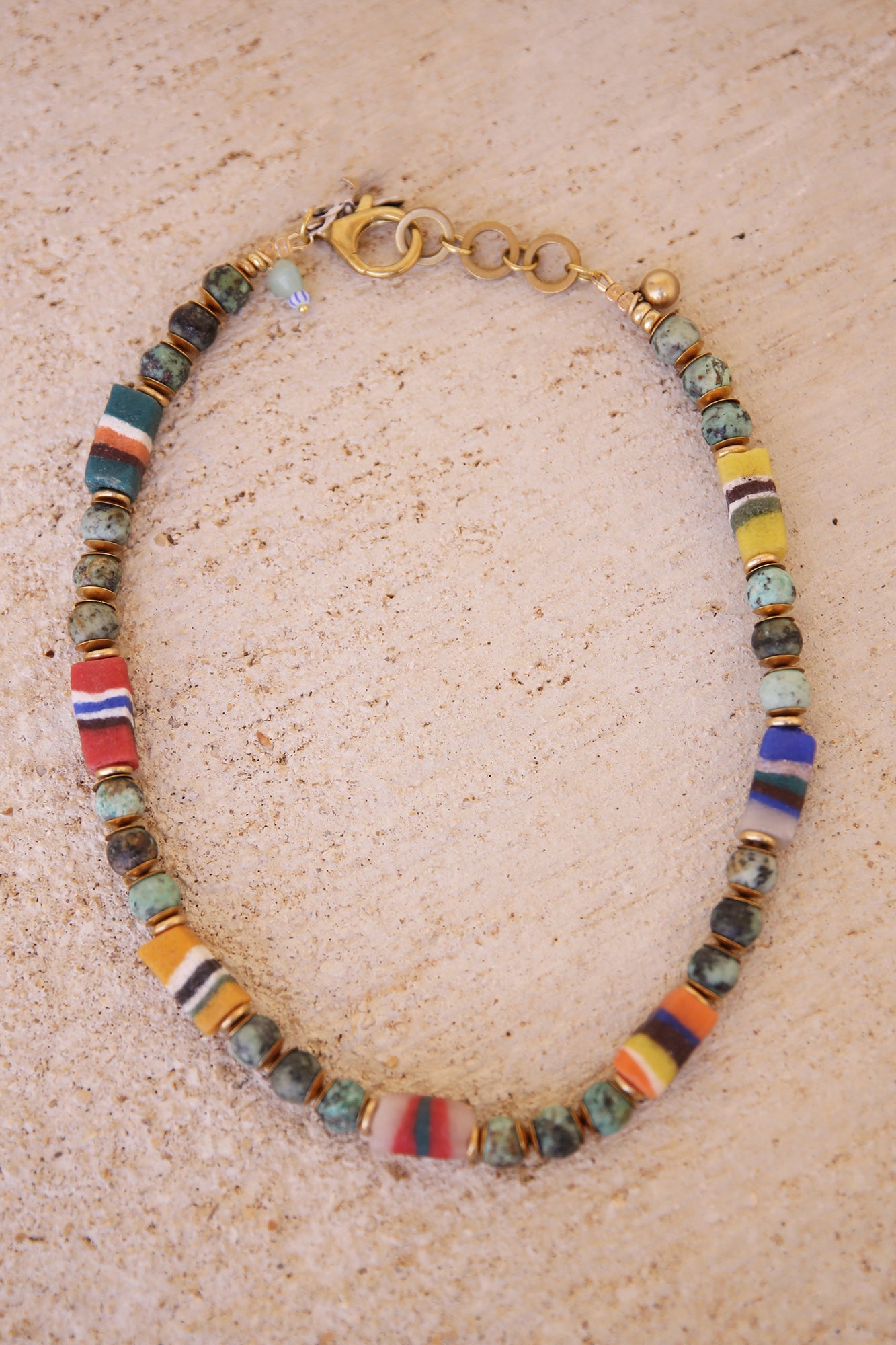 Necklace with African Turquoise, Ghanaian Sandcast Beads and Brass Findings