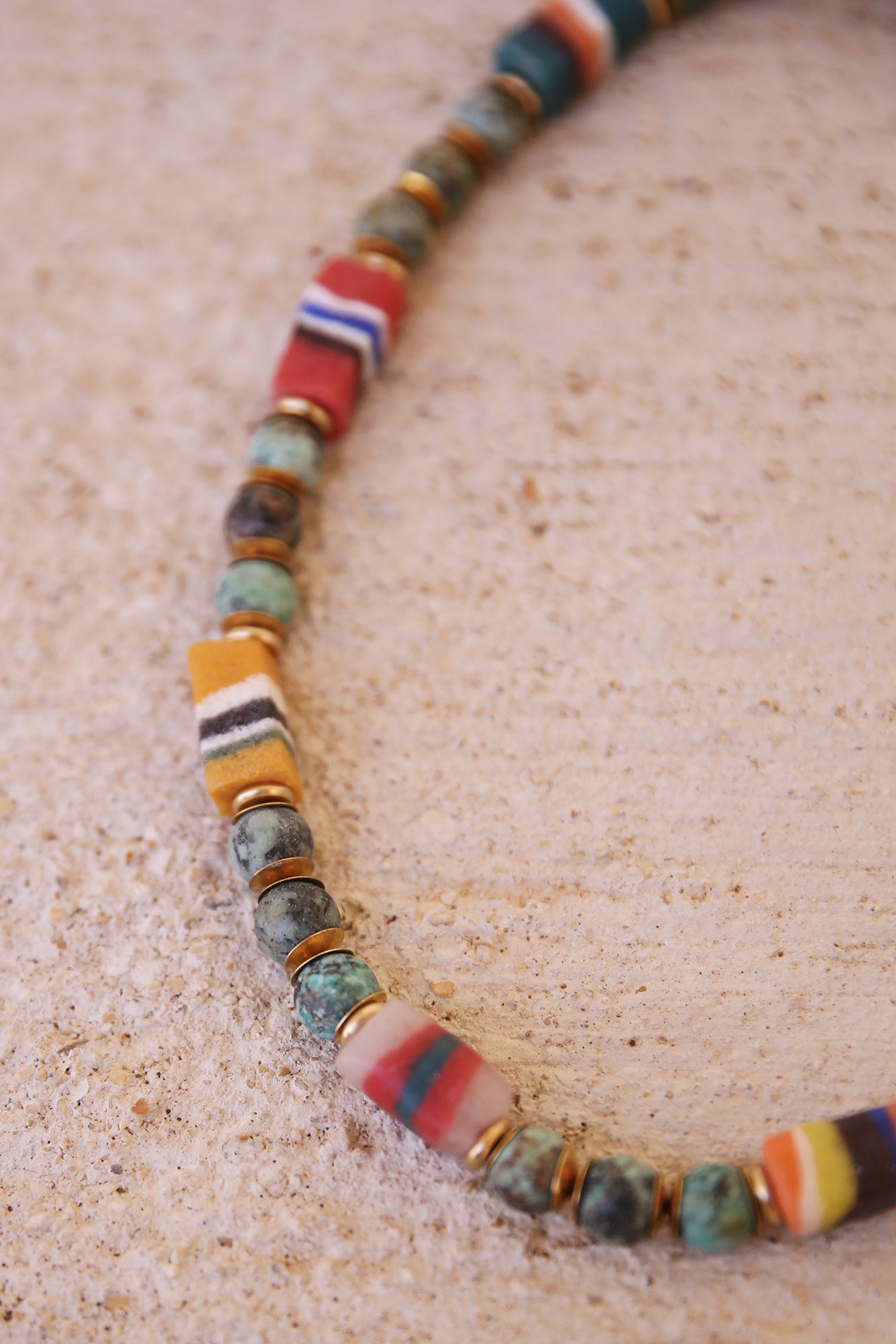 Necklace with African Turquoise, Ghanaian Sandcast Beads and Brass Findings