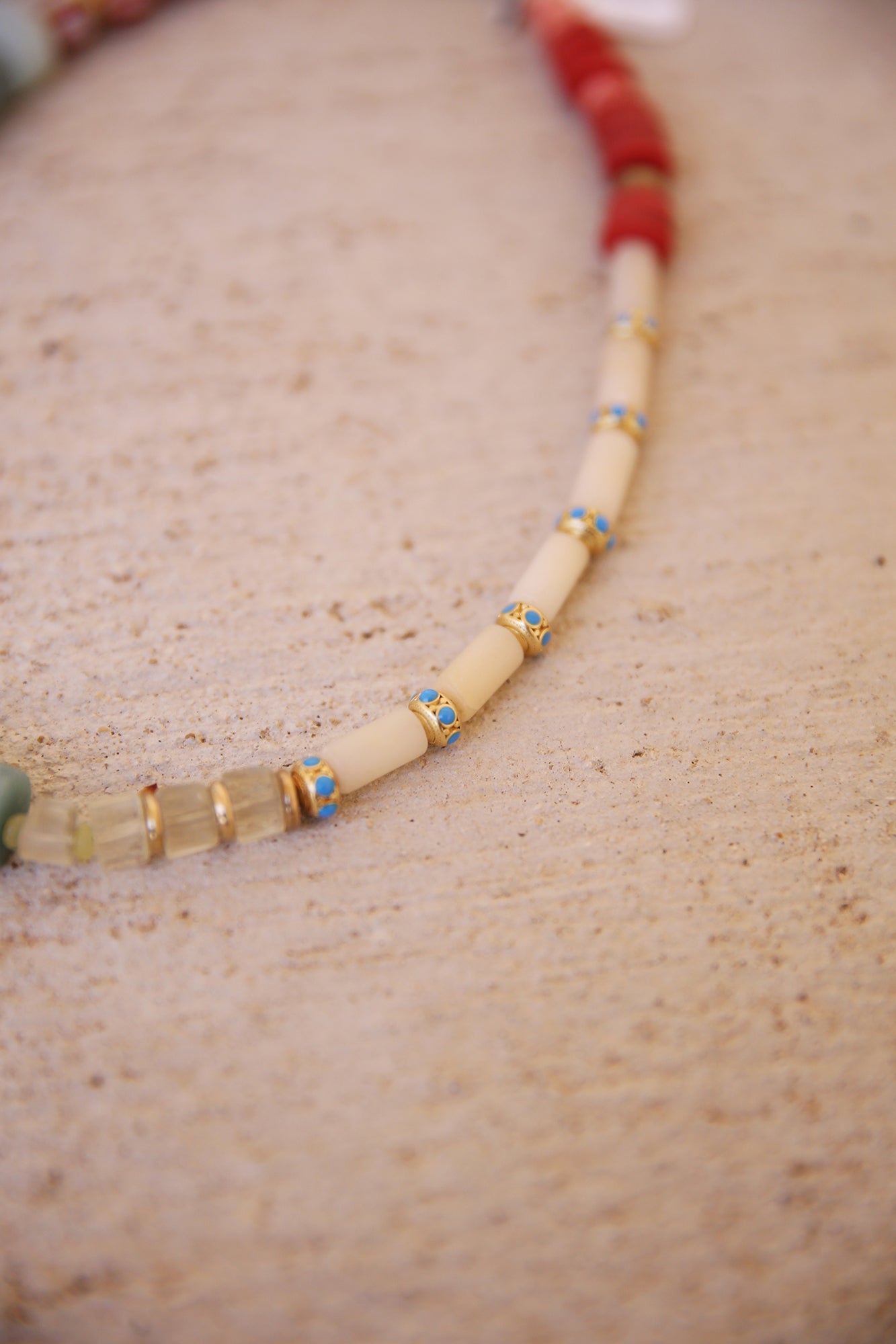 Necklace of Amazonite, Lemon Quartz, Coral, White Jade w/ Vintage African Discs + Trade Beads. Opalite, Labradorite, + Green Amethyst Charms, Brass Findings