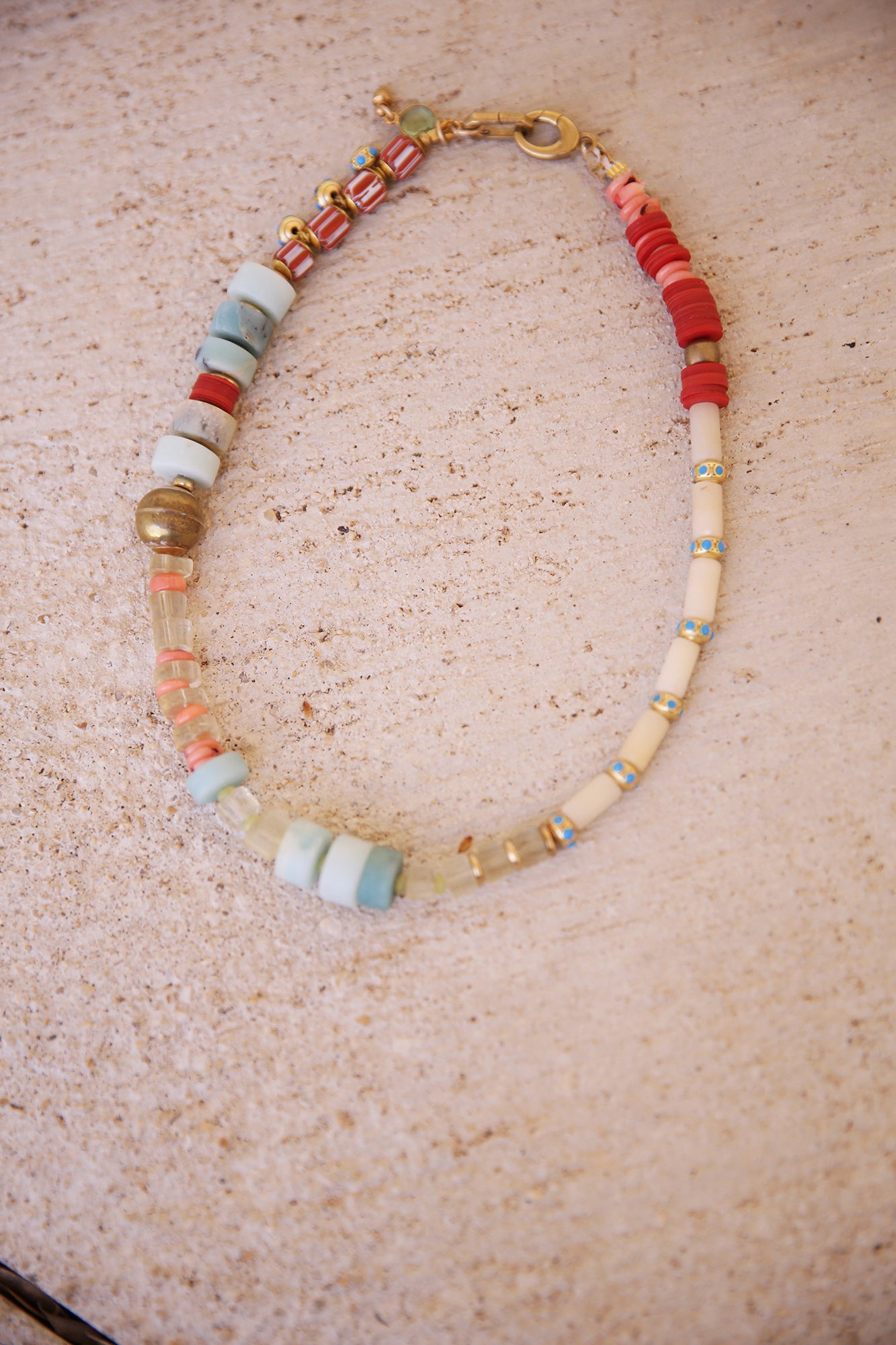 Necklace of Amazonite, Lemon Quartz, Coral, White Jade w/ Vintage African Discs + Trade Beads. Opalite, Labradorite, + Green Amethyst Charms, Brass Findings